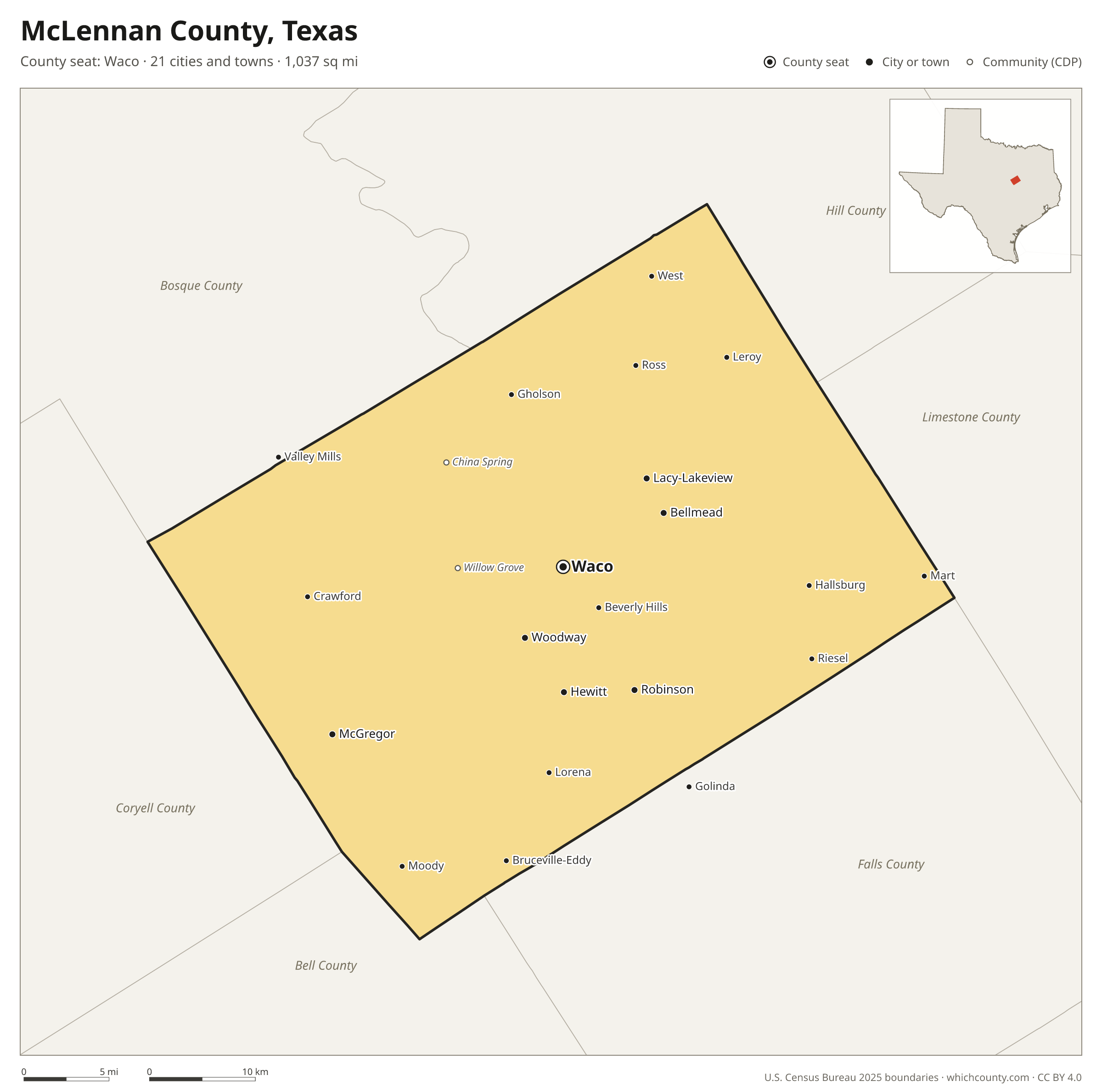 Map of McLennan County, Texas with cities, towns and the county boundary