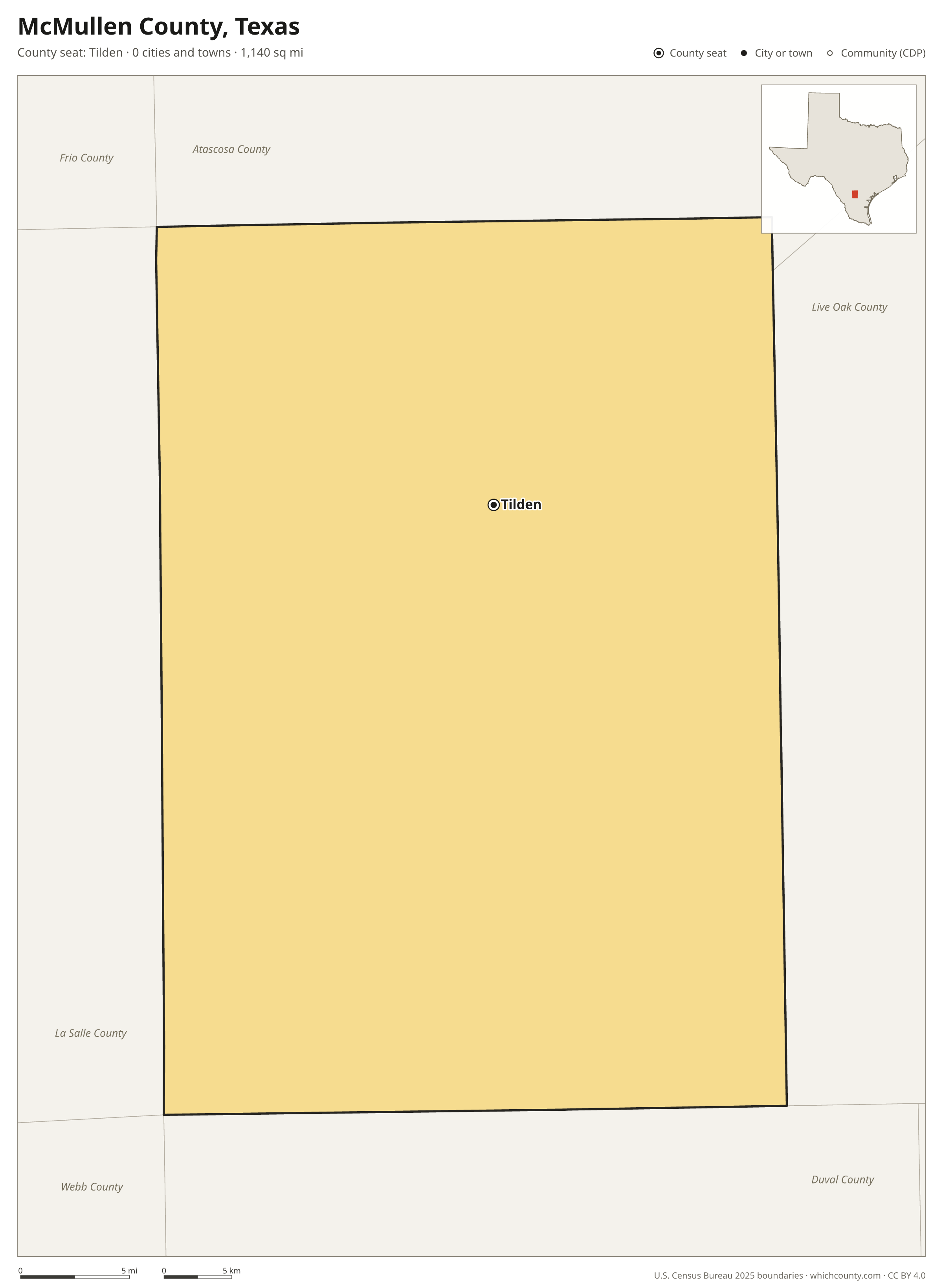 Map of McMullen County, Texas with cities, towns and the county boundary