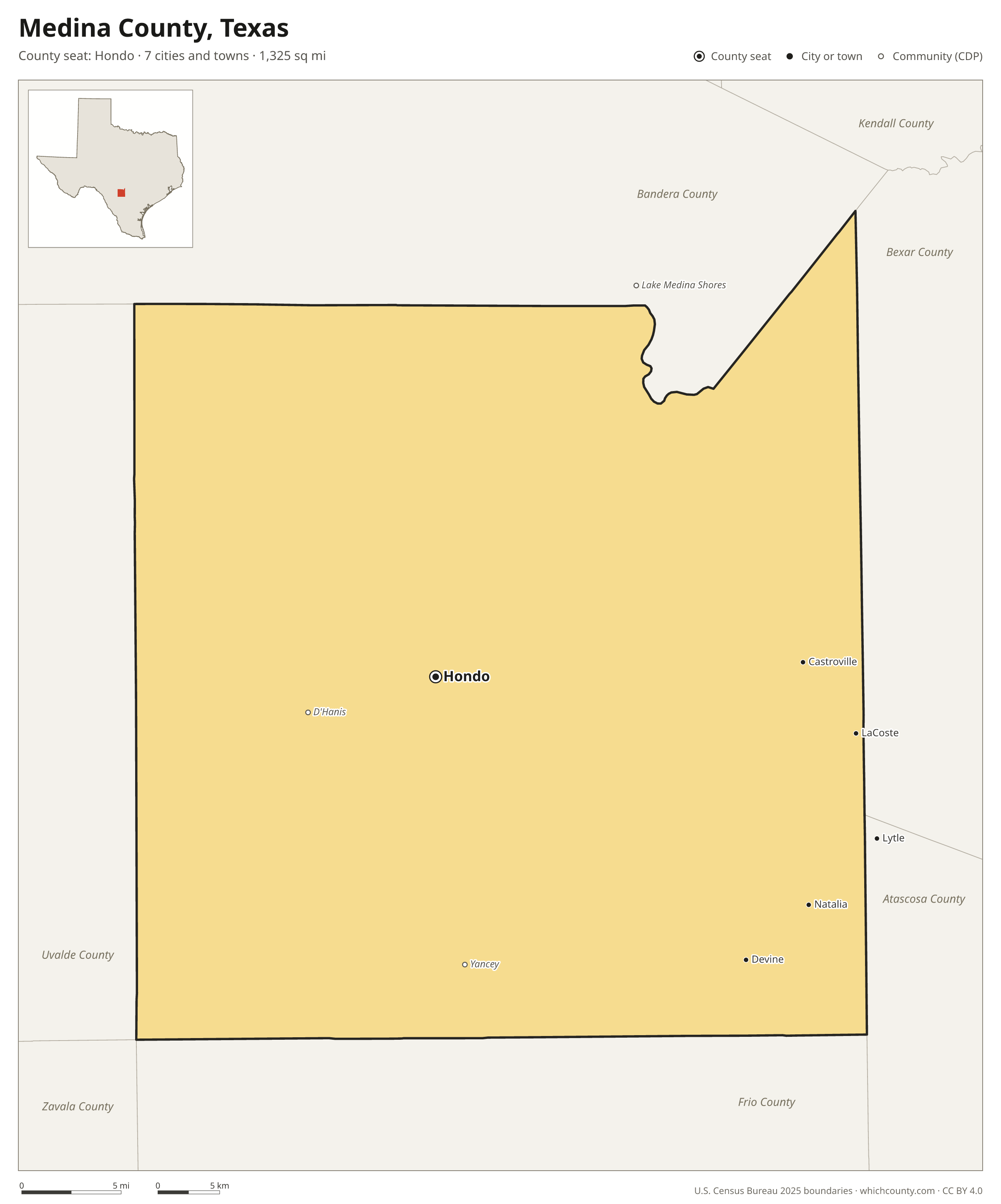 Map of Medina County, Texas with cities, towns and the county boundary