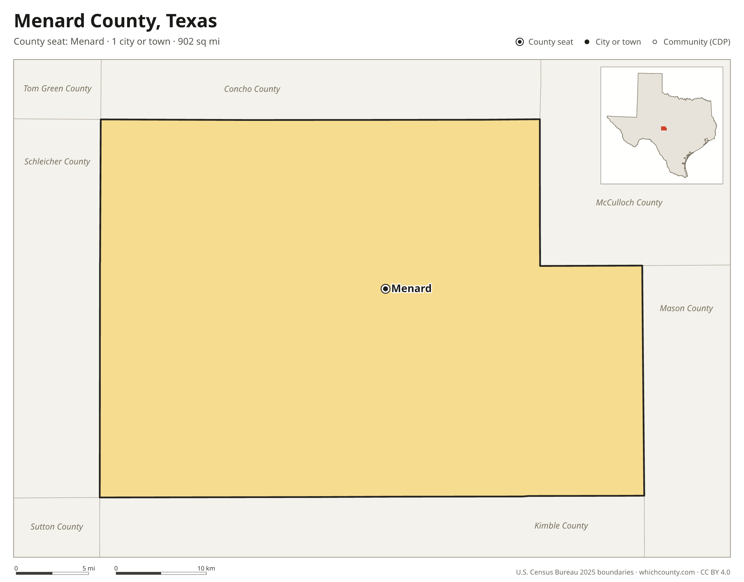 Map of Menard County, Texas with cities, towns and the county boundary