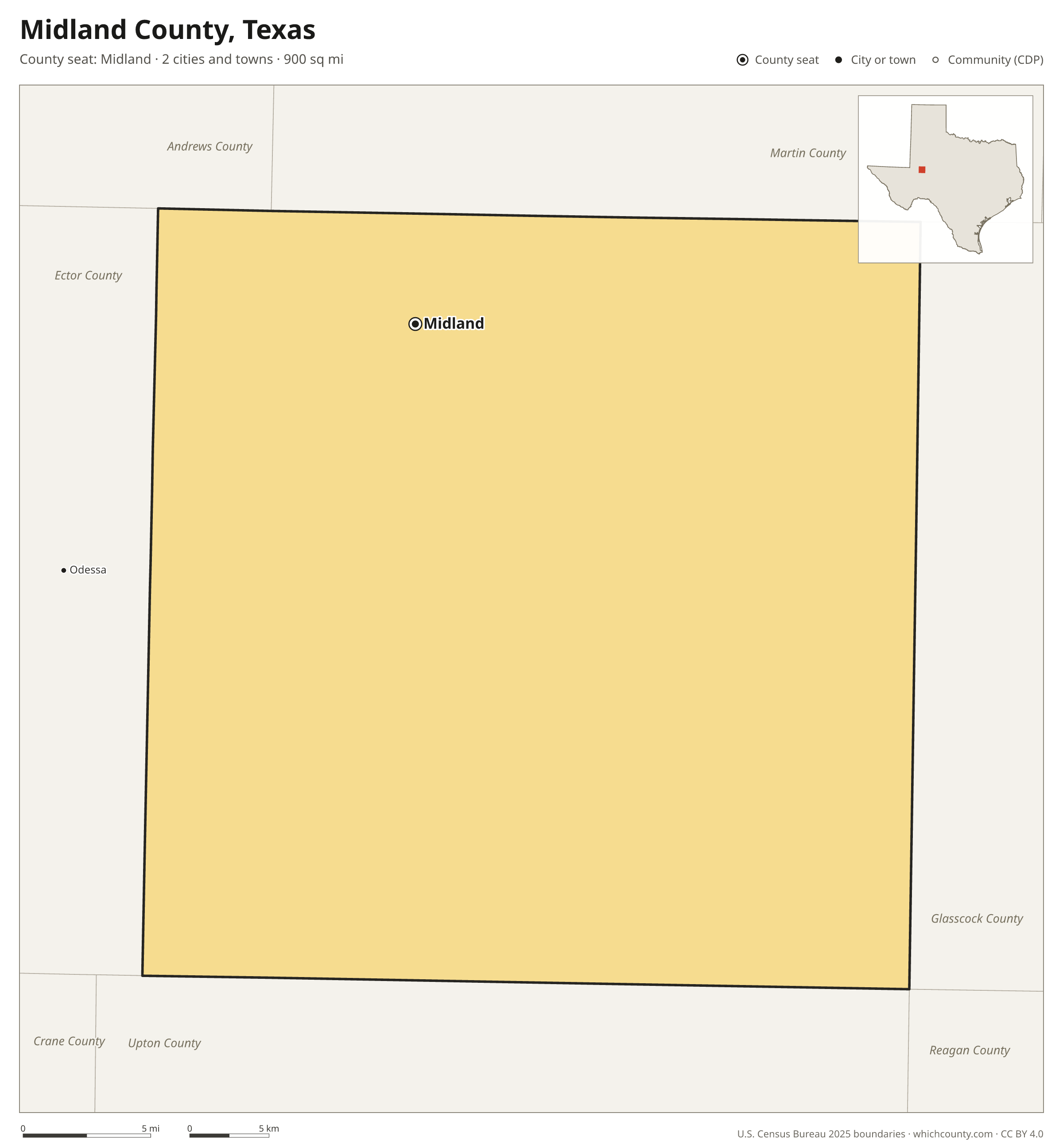 Map of Midland County, Texas with cities, towns and the county boundary