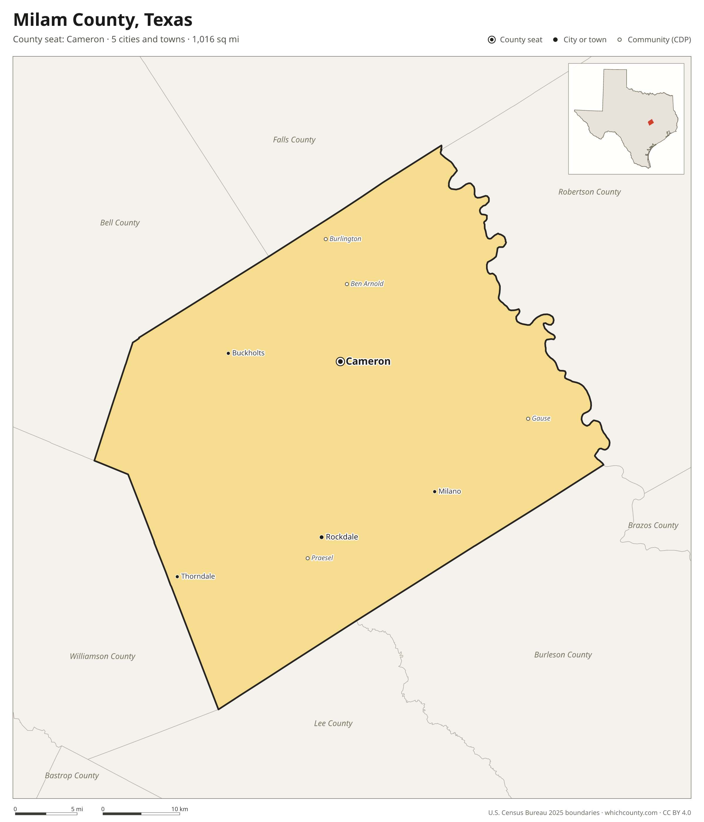 Map of Milam County, Texas with cities, towns and the county boundary