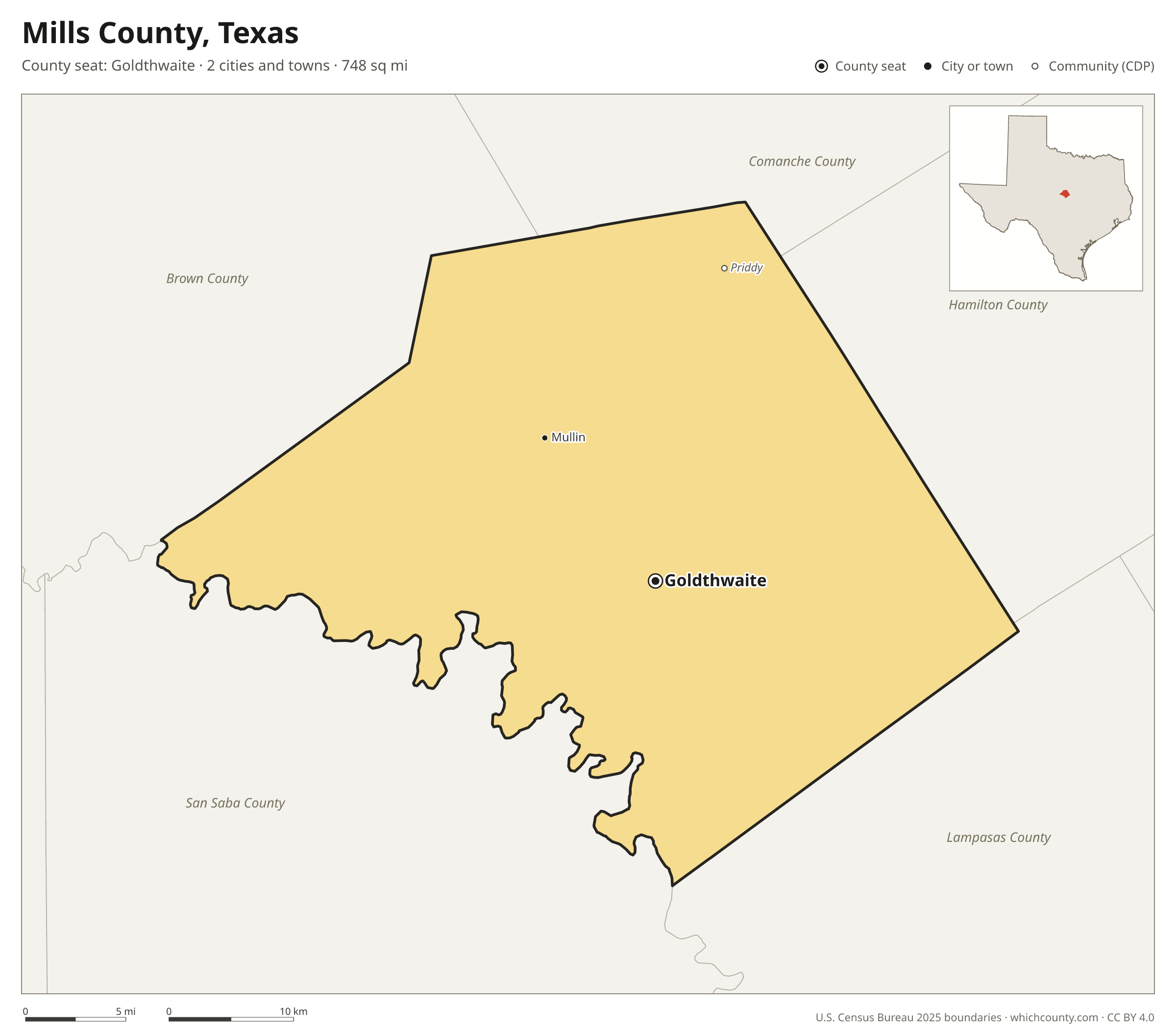 Map of Mills County, Texas with cities, towns and the county boundary