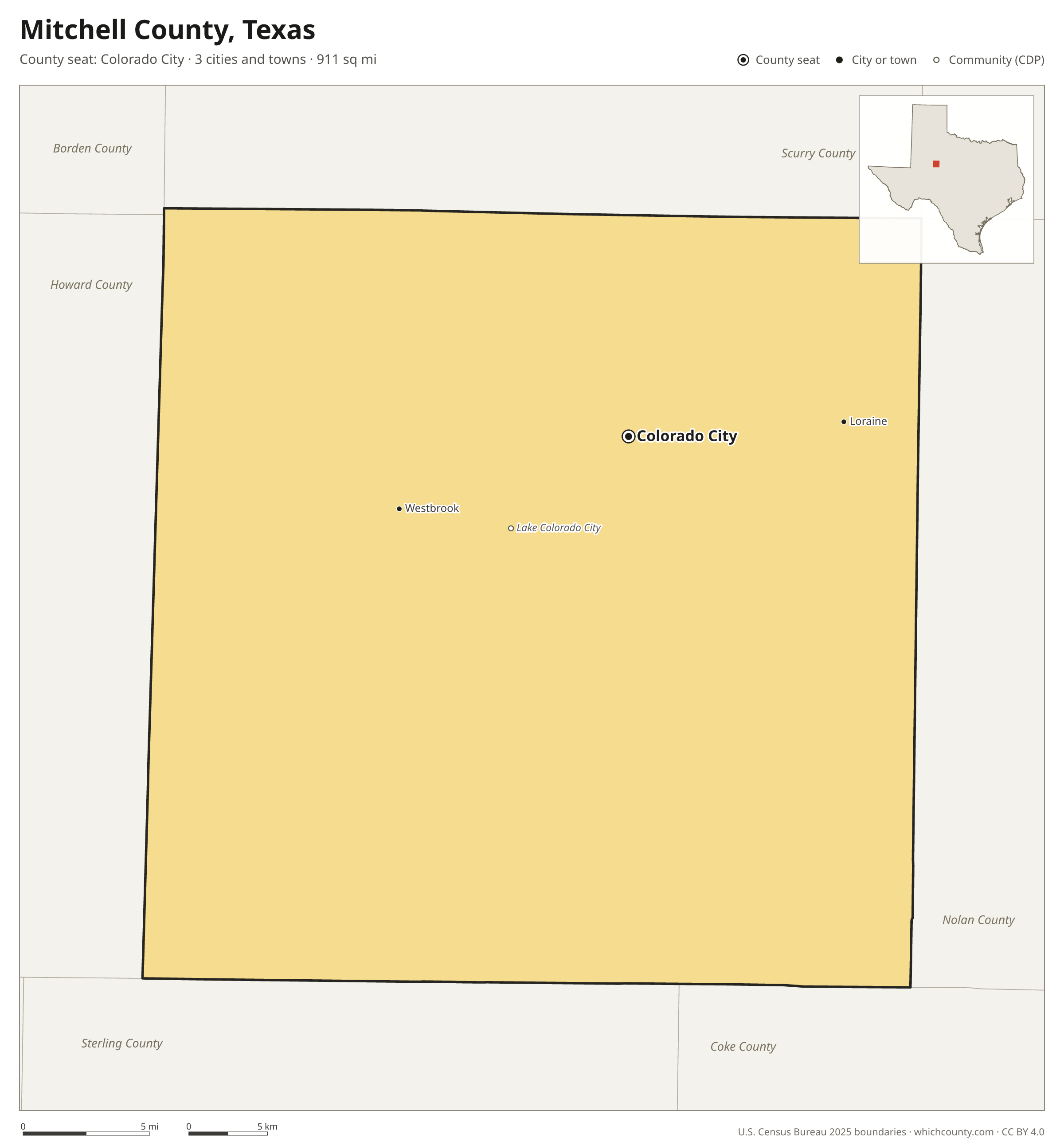 Map of Mitchell County, Texas with cities, towns and the county boundary