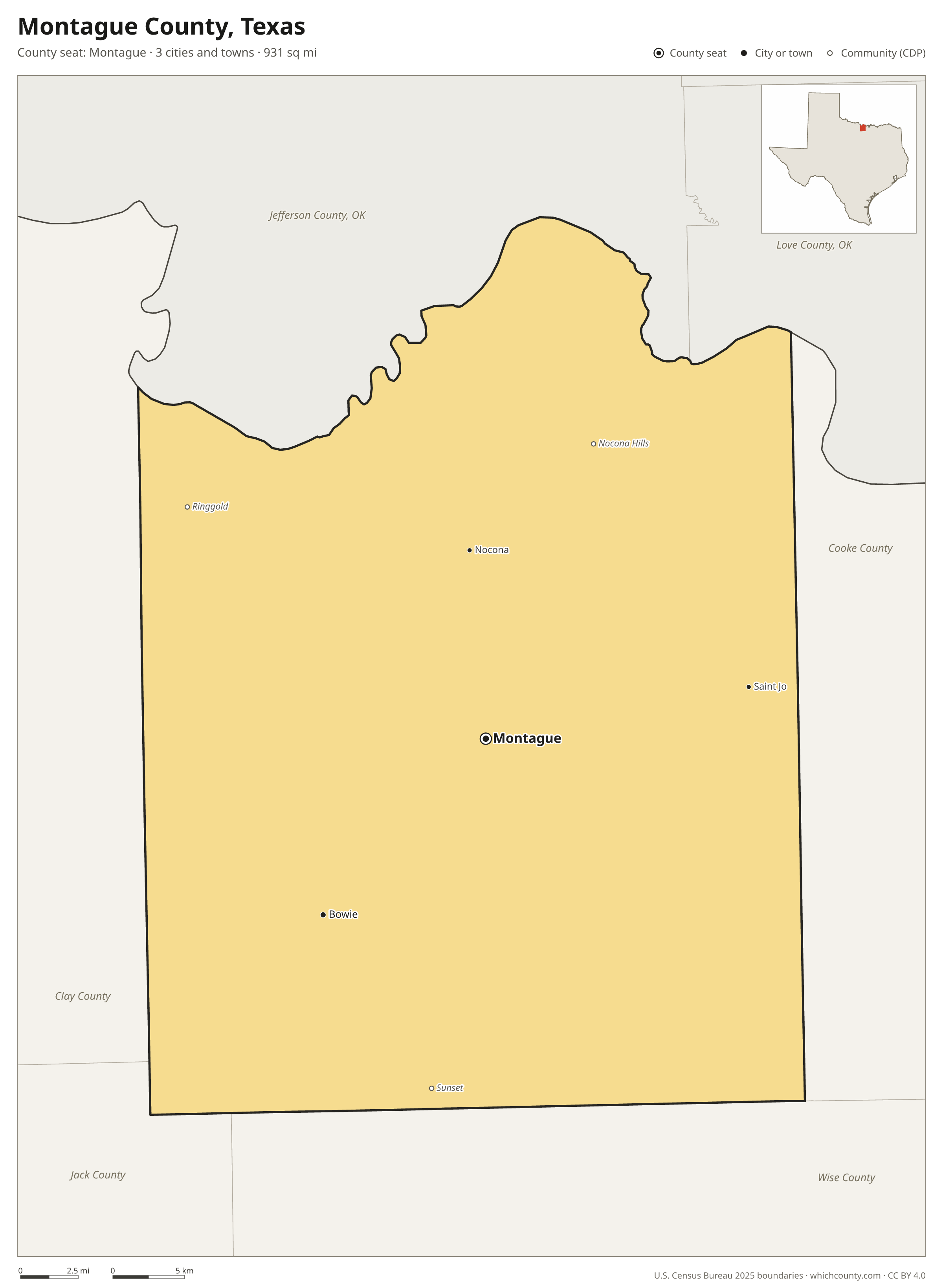 Map of Montague County, Texas with cities, towns and the county boundary