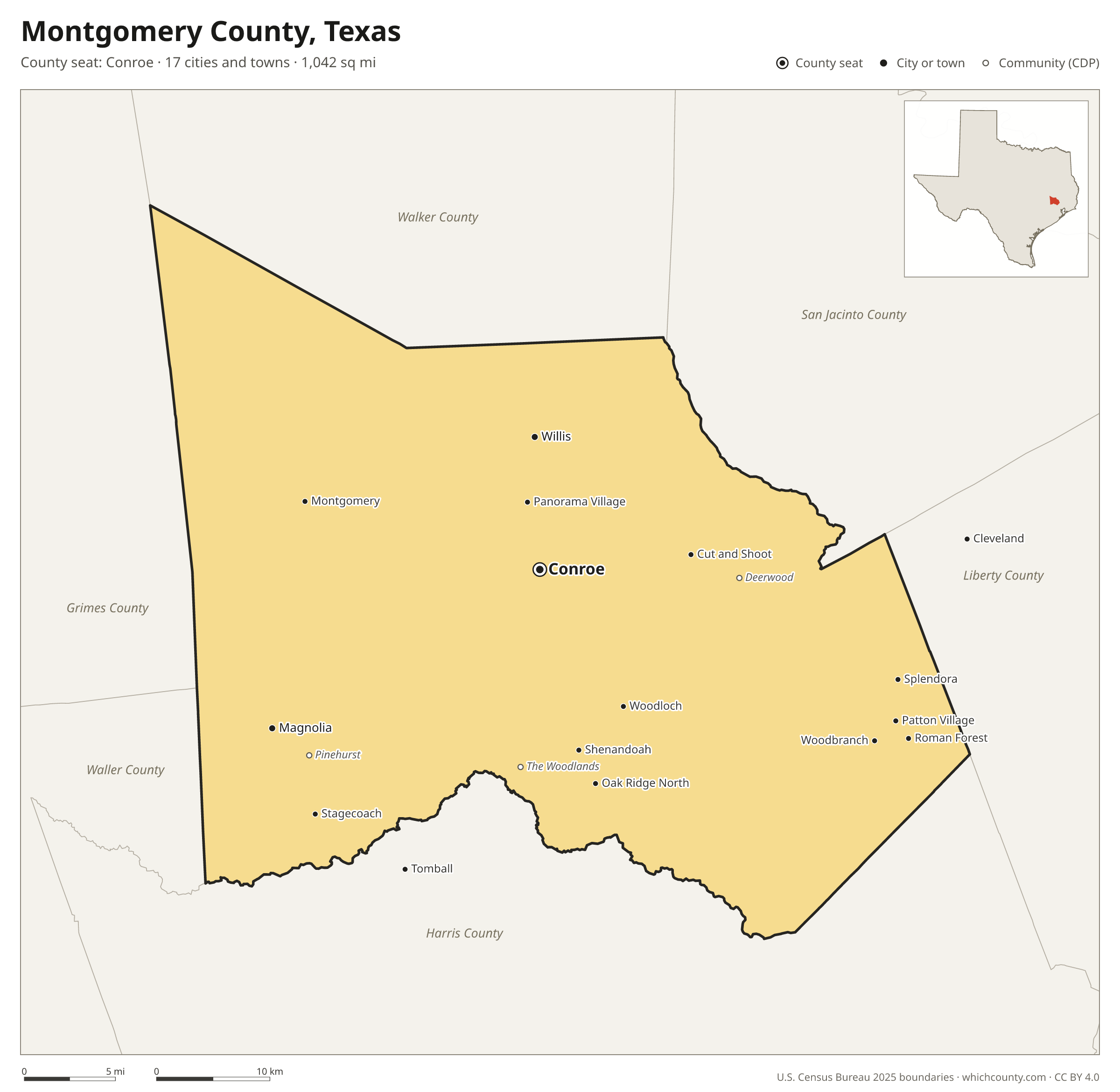 Map of Montgomery County, Texas with cities, towns and the county boundary