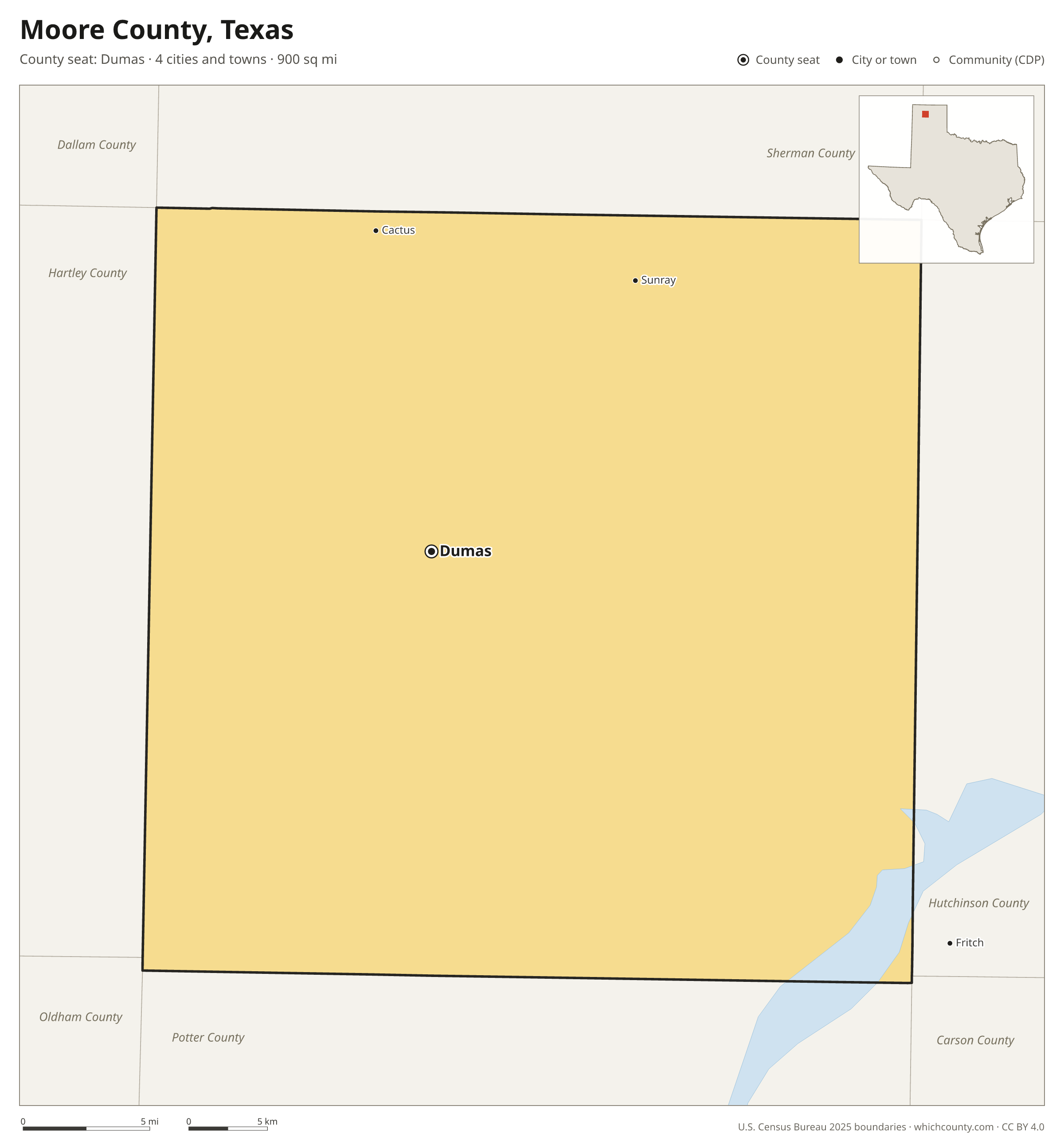 Map of Moore County, Texas with cities, towns and the county boundary