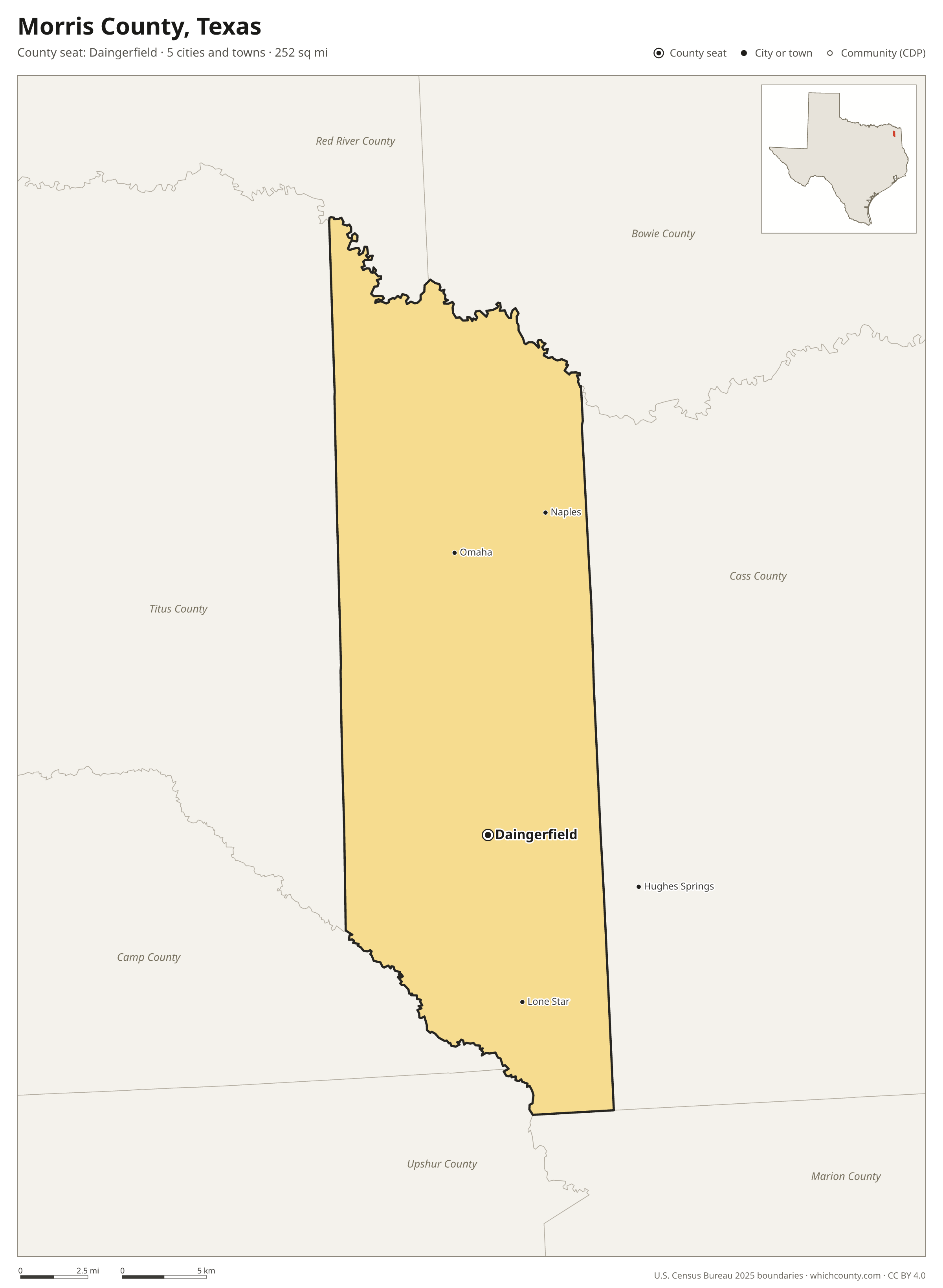 Map of Morris County, Texas with cities, towns and the county boundary