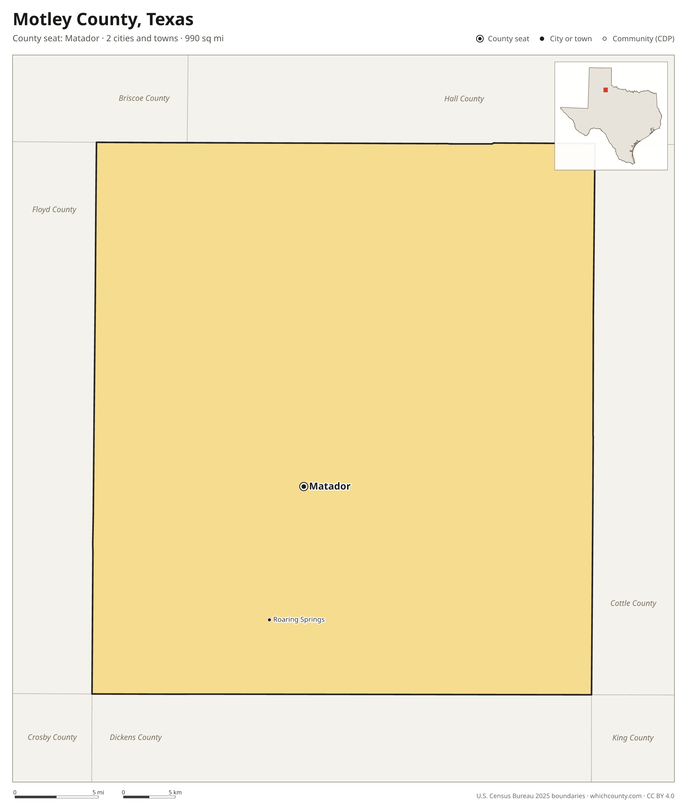 Map of Motley County, Texas with cities, towns and the county boundary