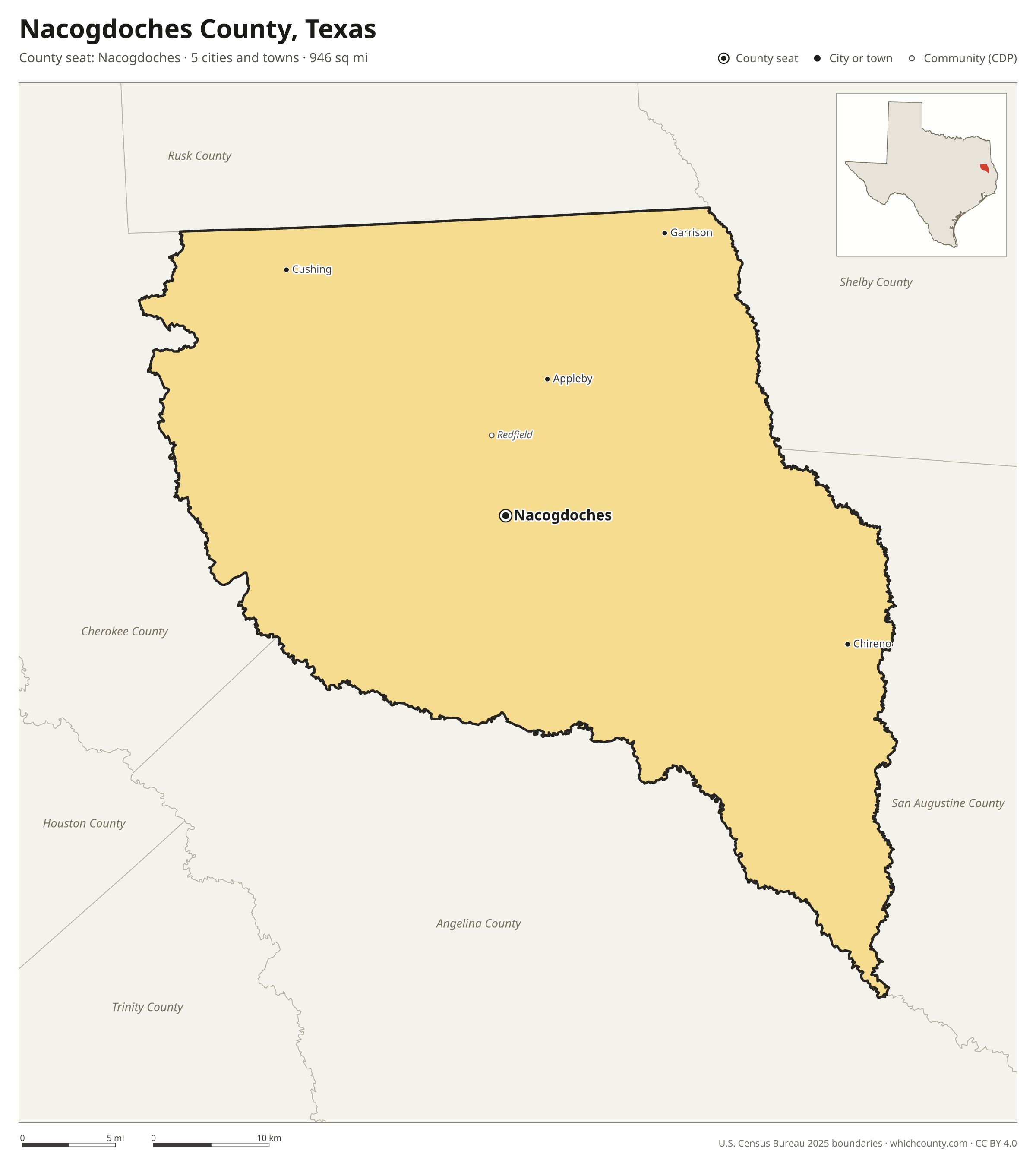 Map of Nacogdoches County, Texas with cities, towns and the county boundary