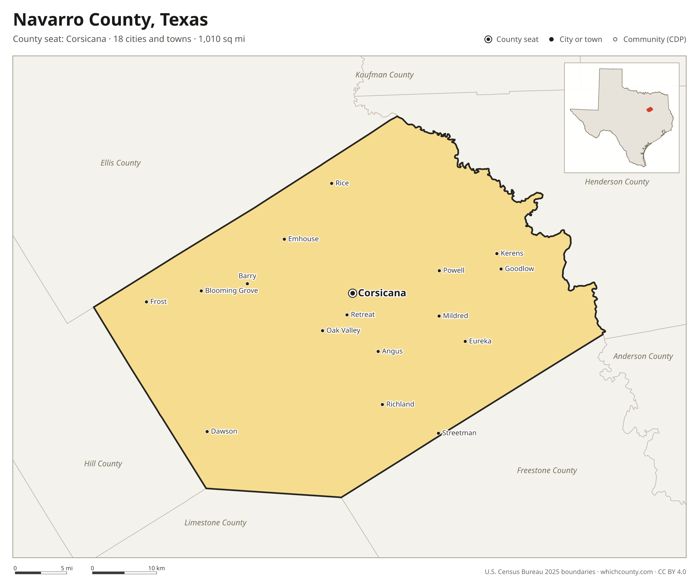 Map of Navarro County, Texas with cities, towns and the county boundary