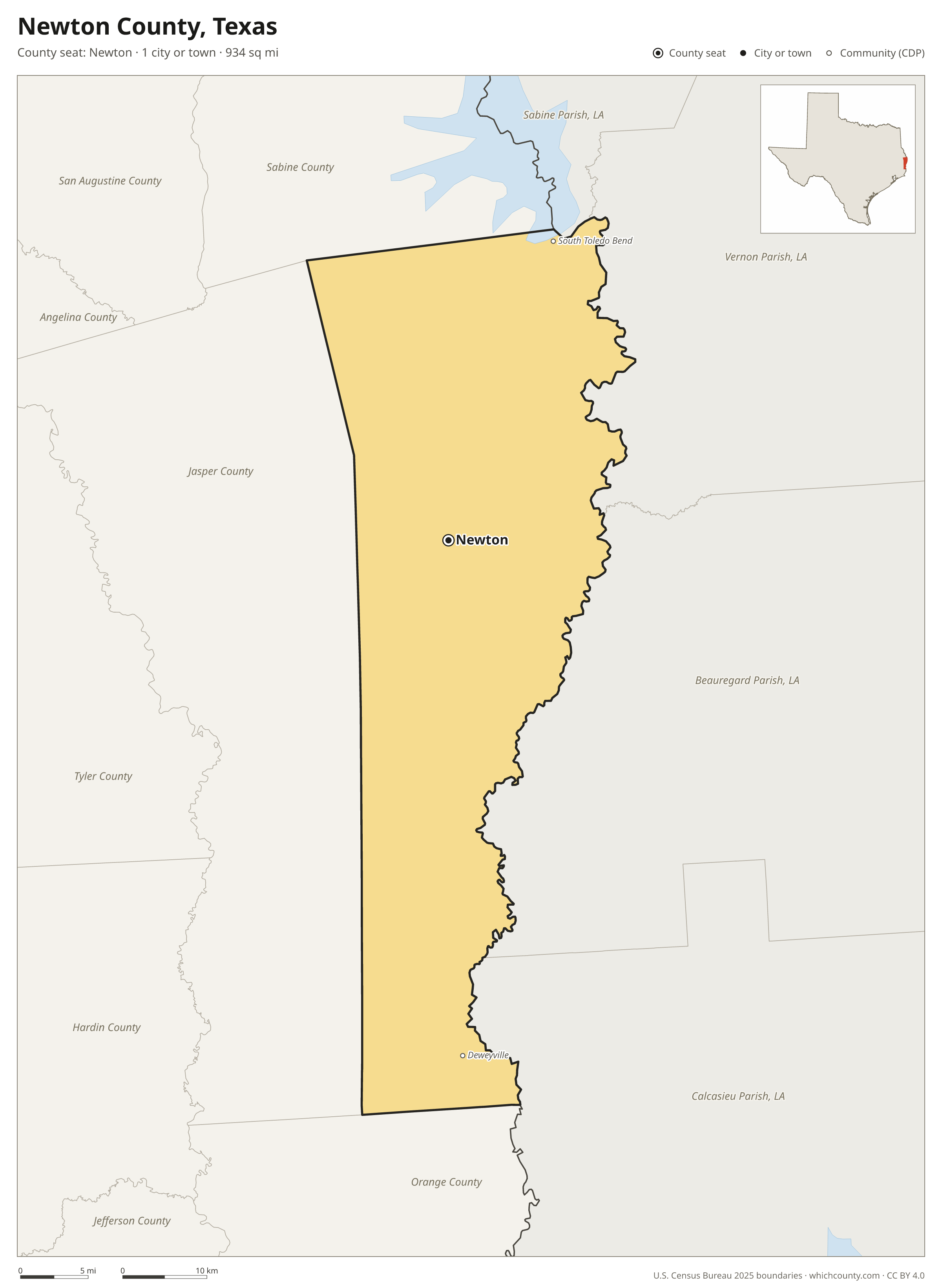 Map of Newton County, Texas with cities, towns and the county boundary