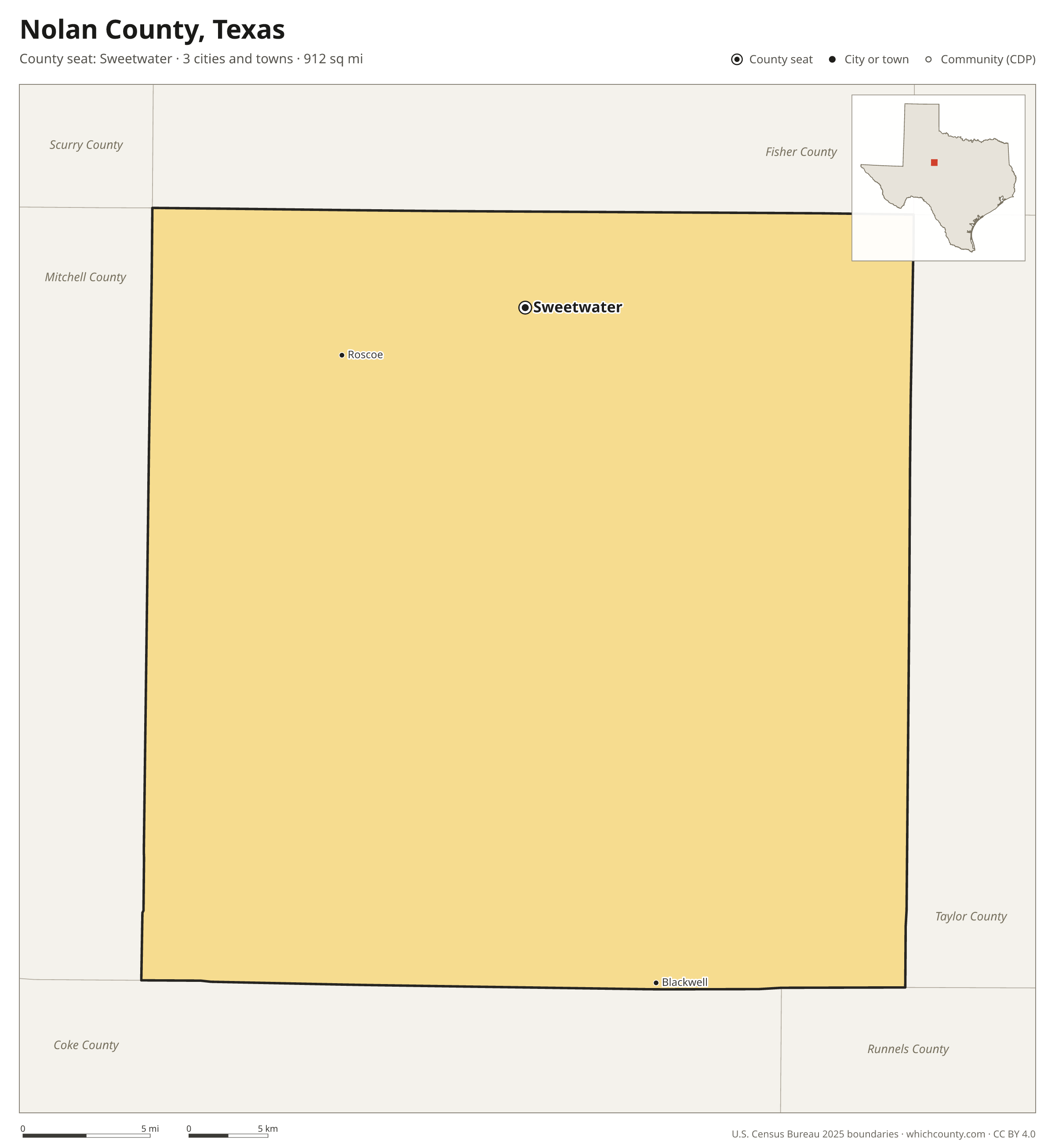 Map of Nolan County, Texas with cities, towns and the county boundary