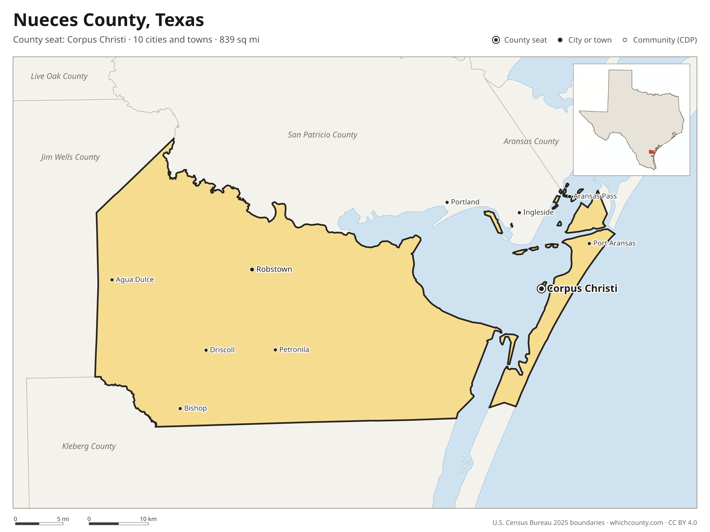 Map of Nueces County, Texas with cities, towns and the county boundary