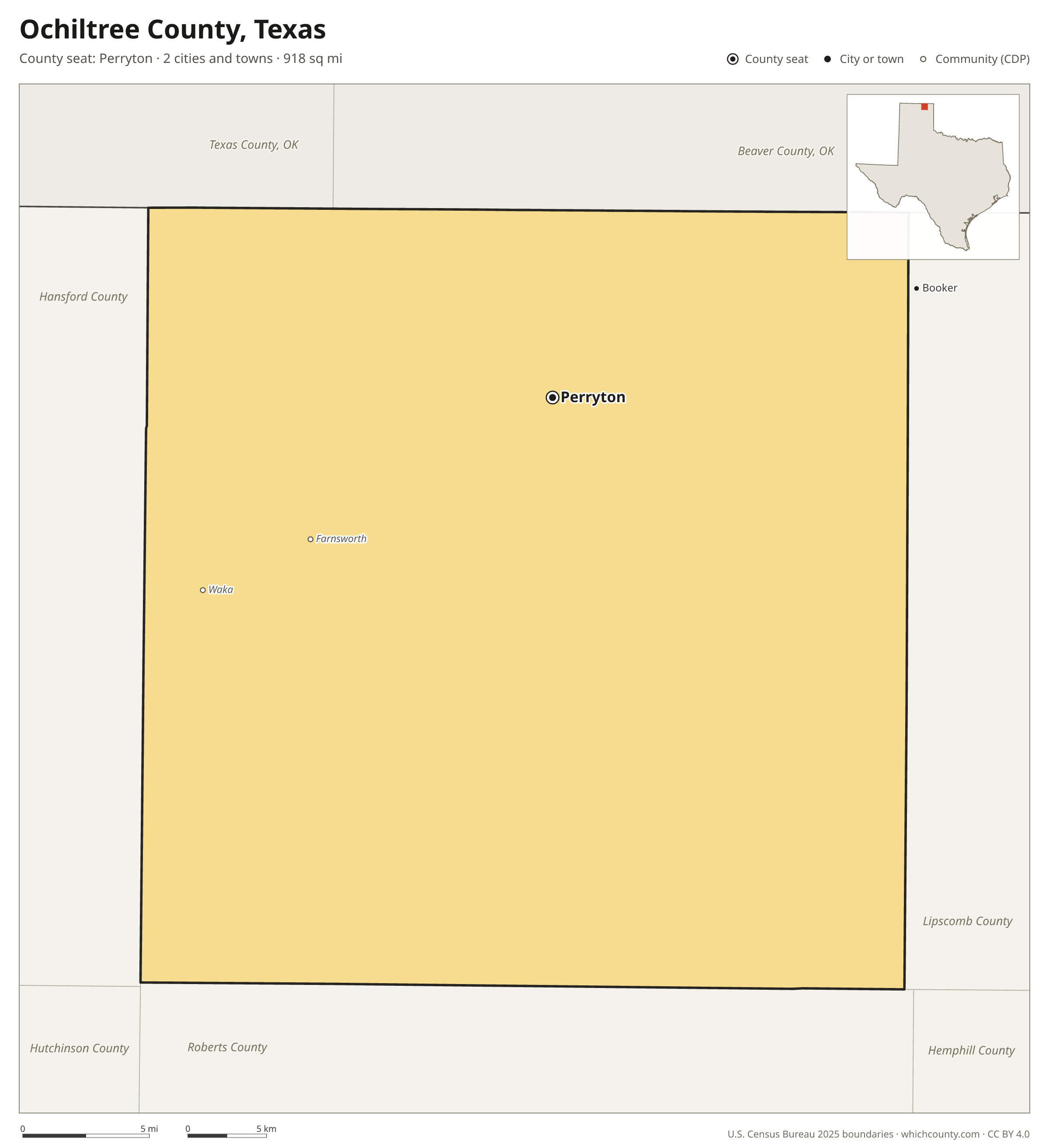 Map of Ochiltree County, Texas with cities, towns and the county boundary