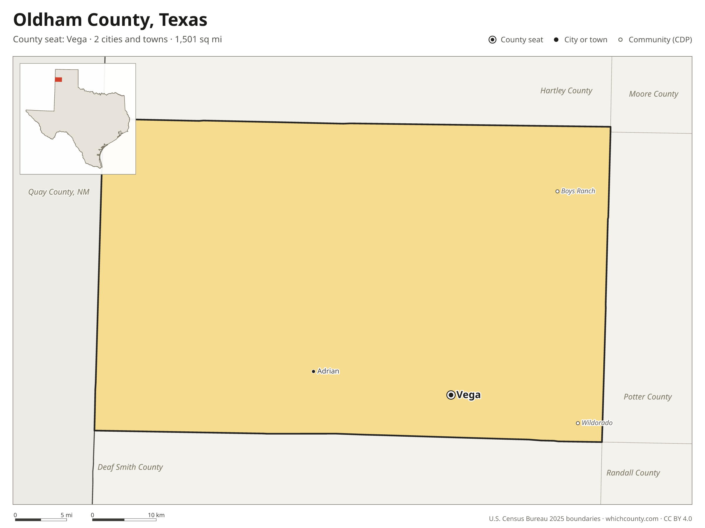 Map of Oldham County, Texas with cities, towns and the county boundary