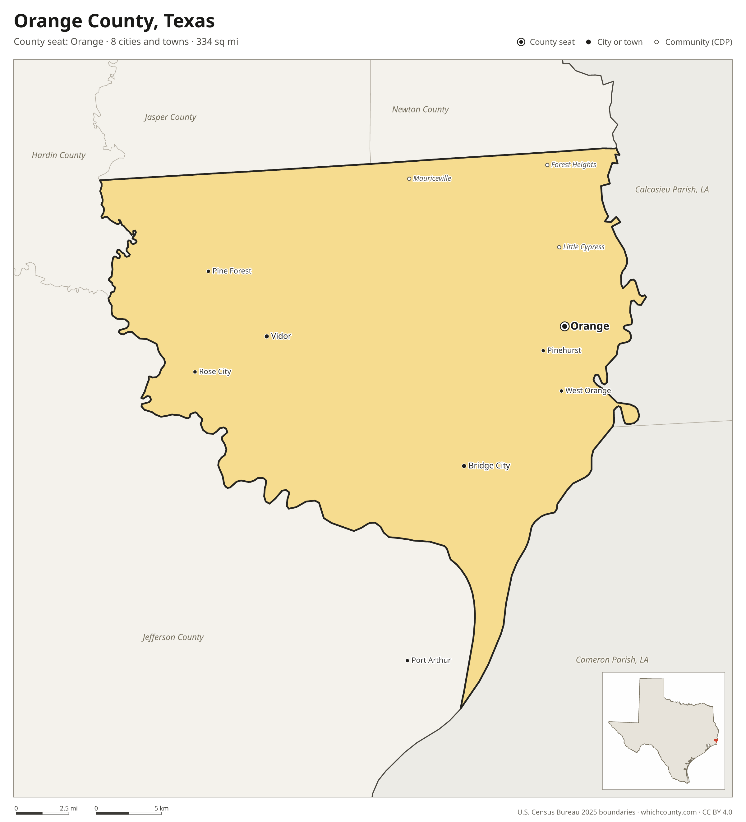 Map of Orange County, Texas with cities, towns and the county boundary