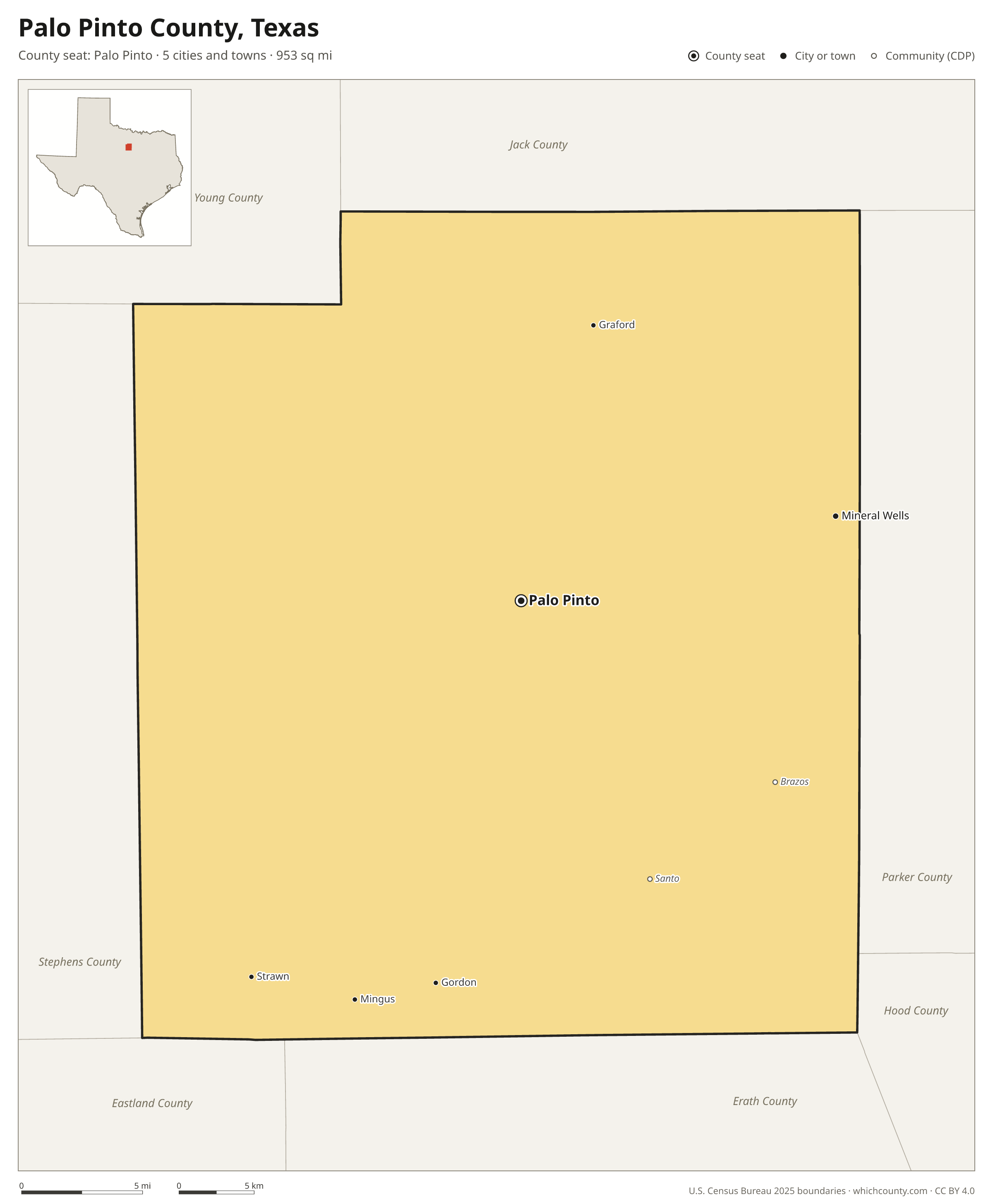 Map of Palo Pinto County, Texas with cities, towns and the county boundary