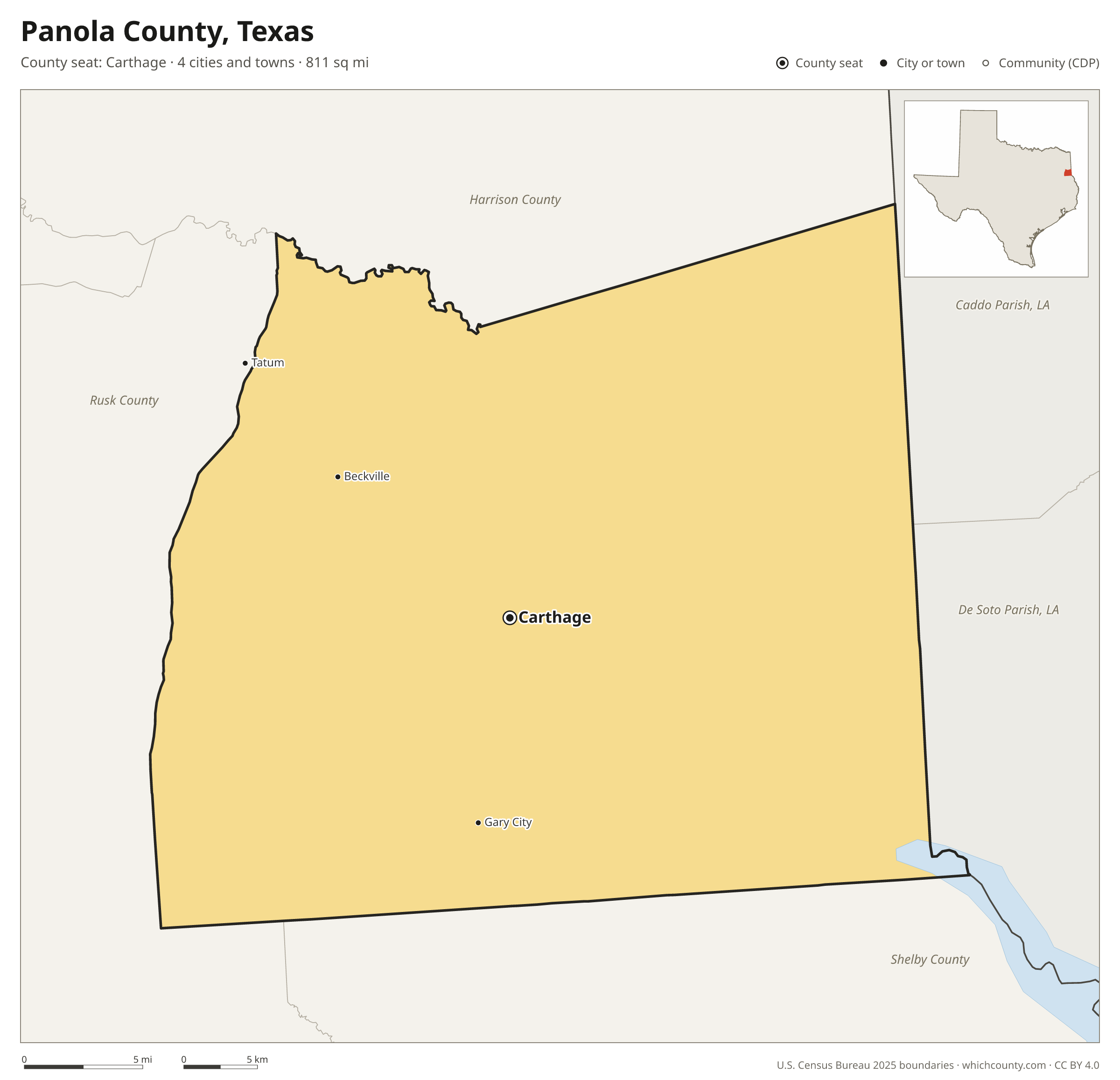 Map of Panola County, Texas with cities, towns and the county boundary