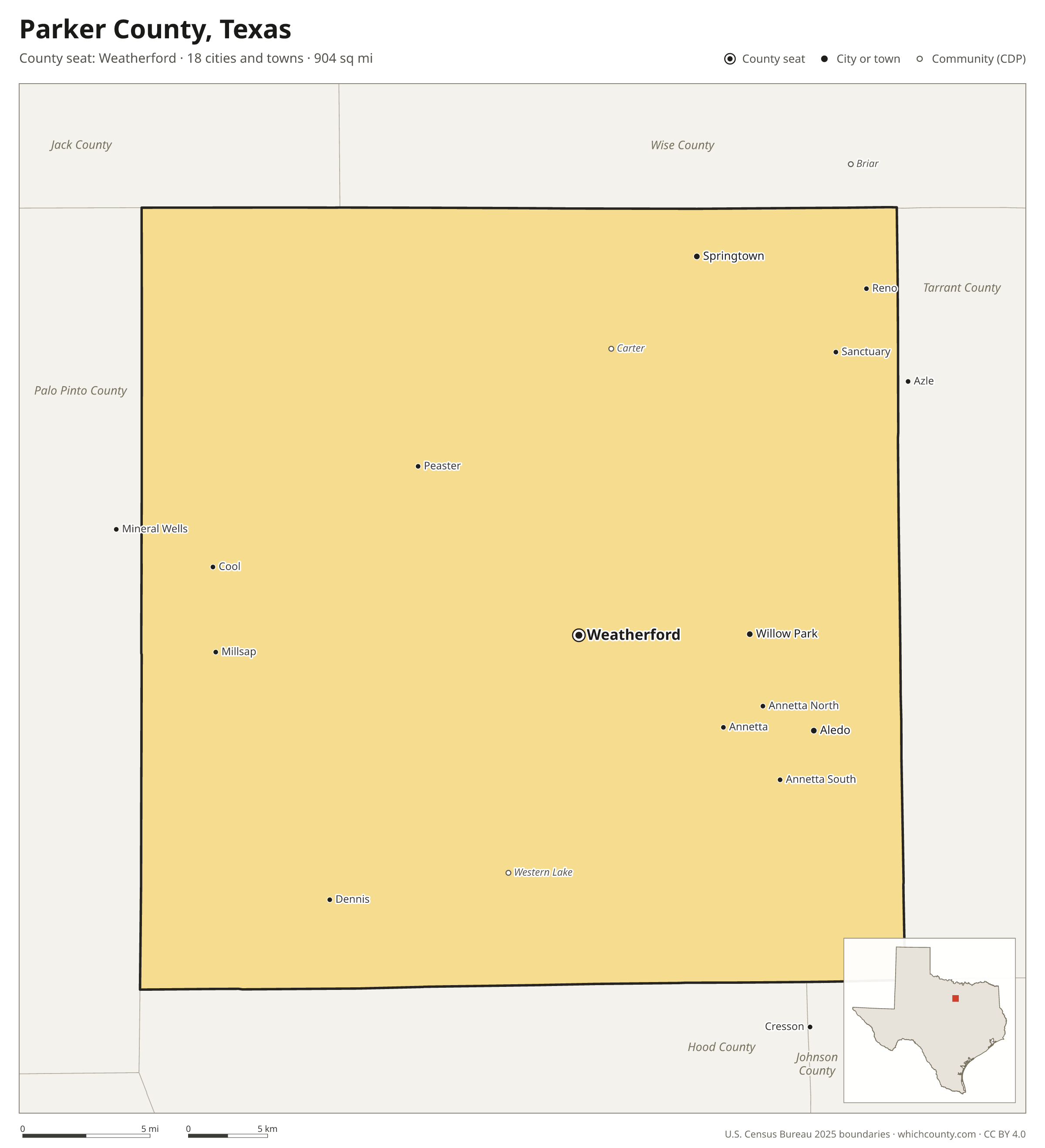 Map of Parker County, Texas with cities, towns and the county boundary