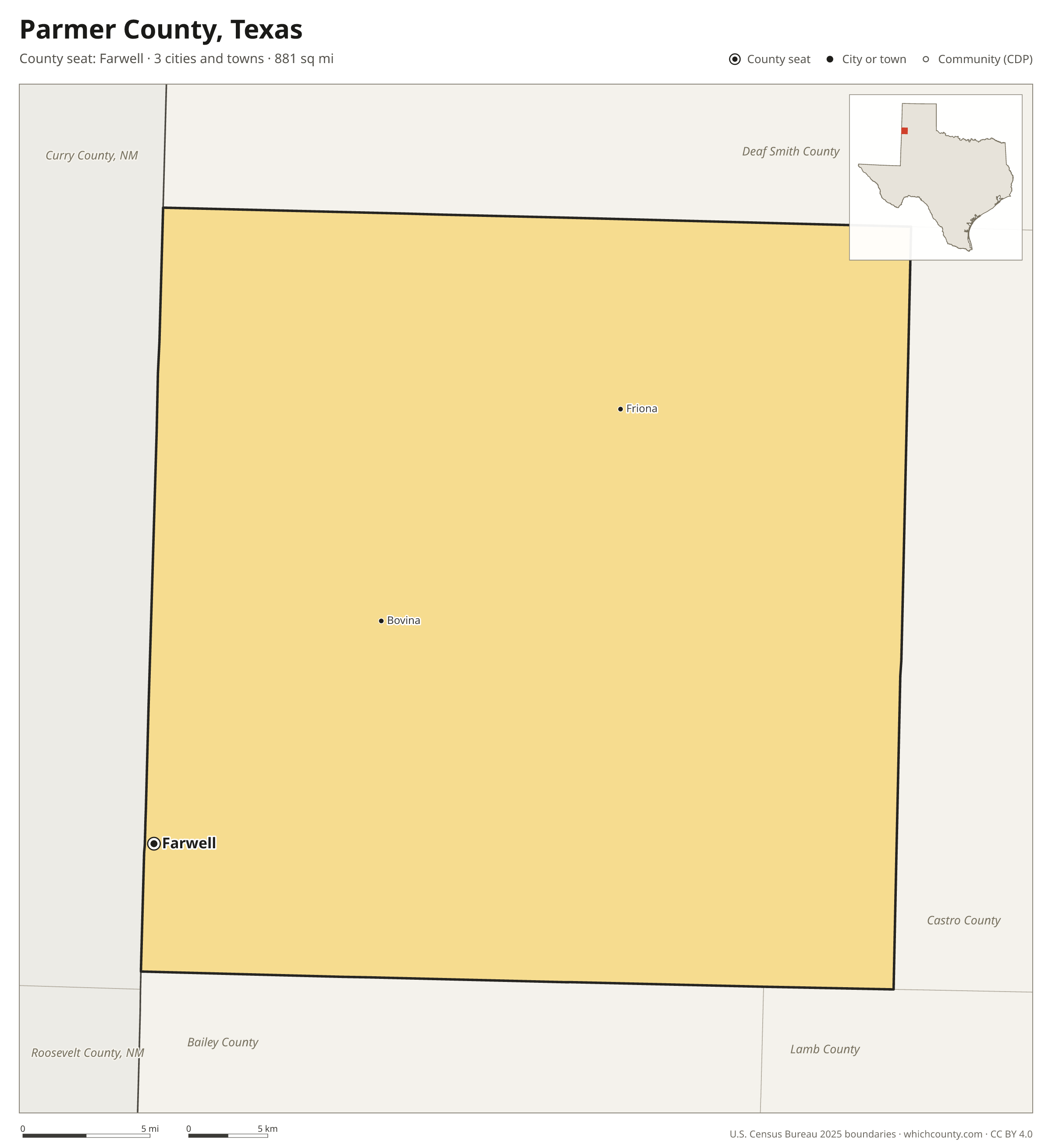Map of Parmer County, Texas with cities, towns and the county boundary