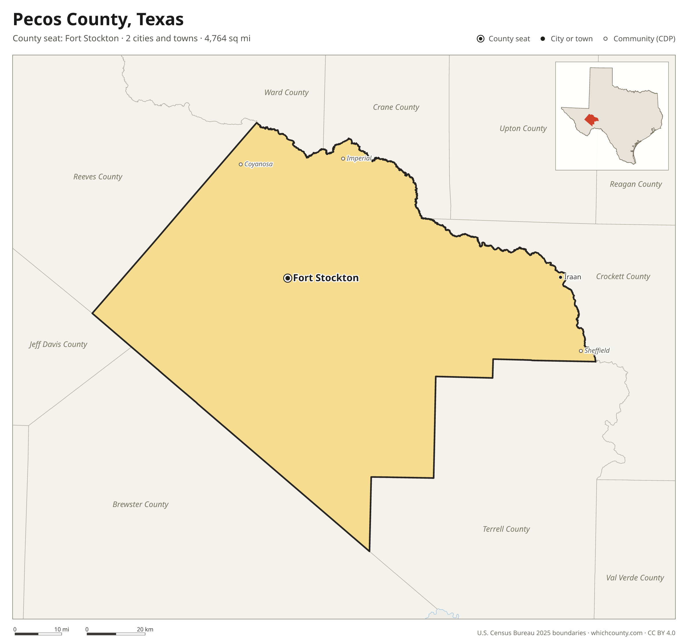 Map of Pecos County, Texas with cities, towns and the county boundary