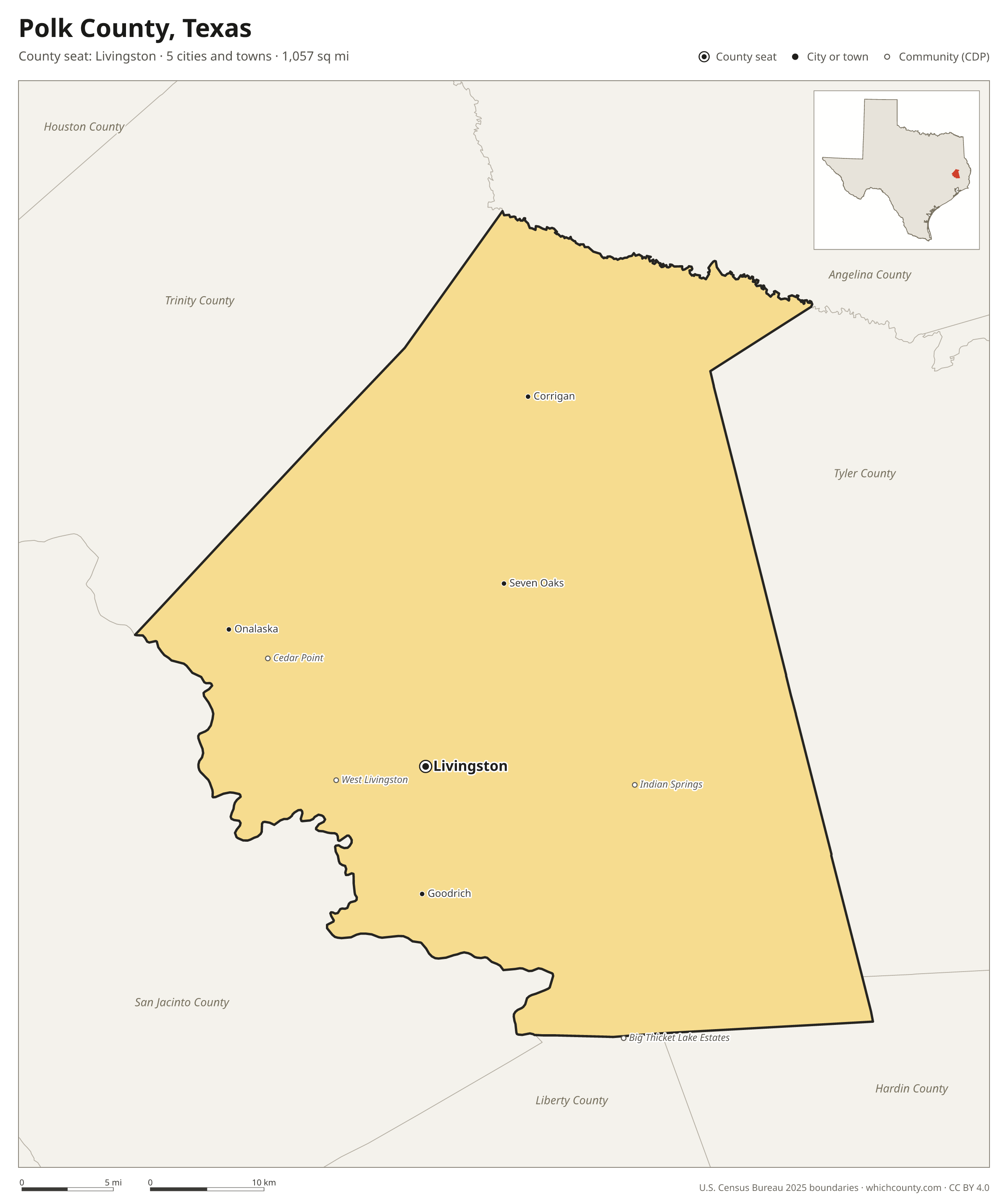 Map of Polk County, Texas with cities, towns and the county boundary