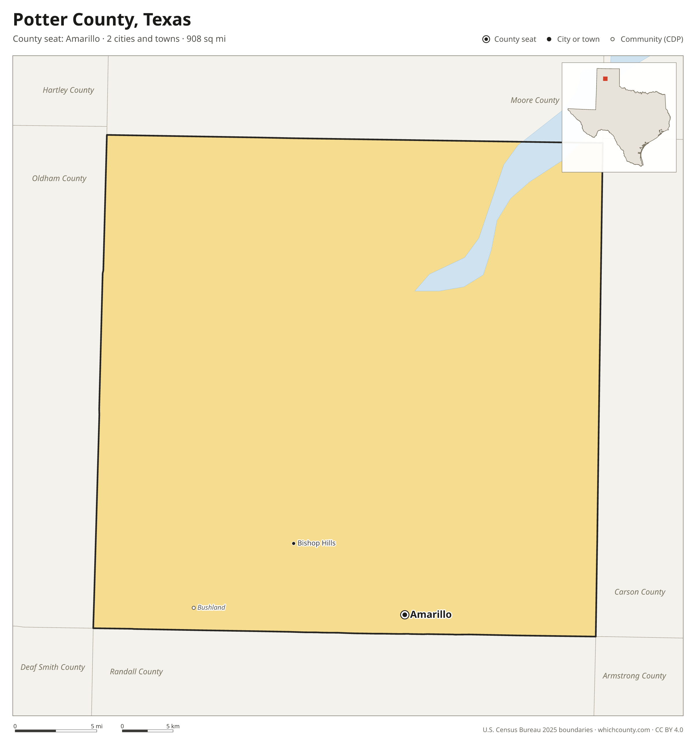 Map of Potter County, Texas with cities, towns and the county boundary