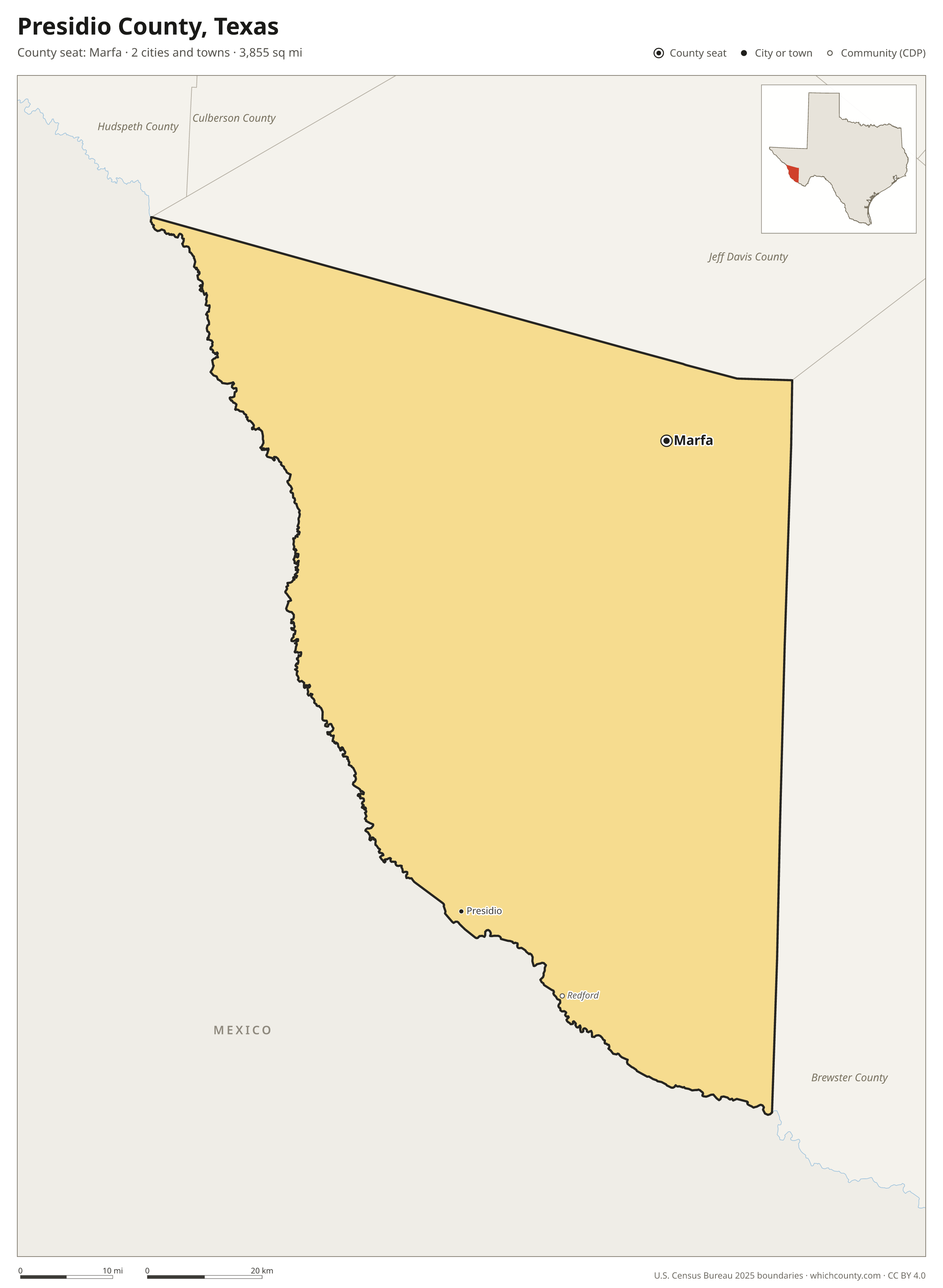 Map of Presidio County, Texas with cities, towns and the county boundary