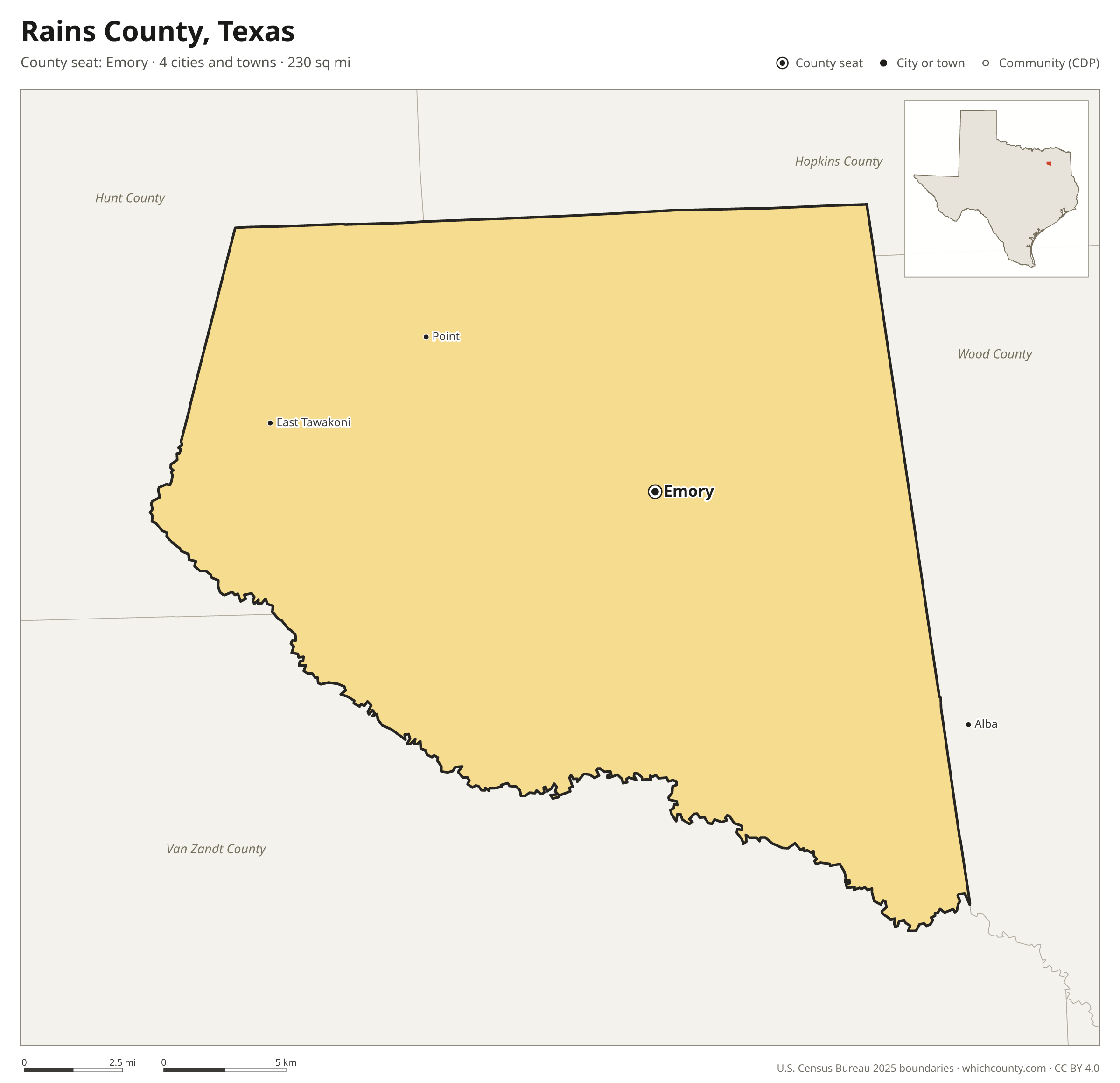 Map of Rains County, Texas with cities, towns and the county boundary