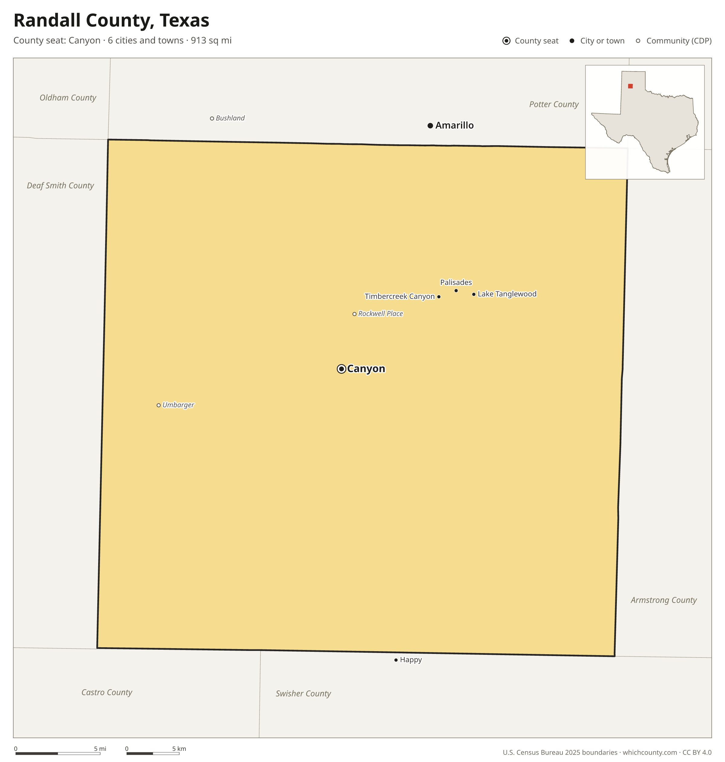 Map of Randall County, Texas with cities, towns and the county boundary
