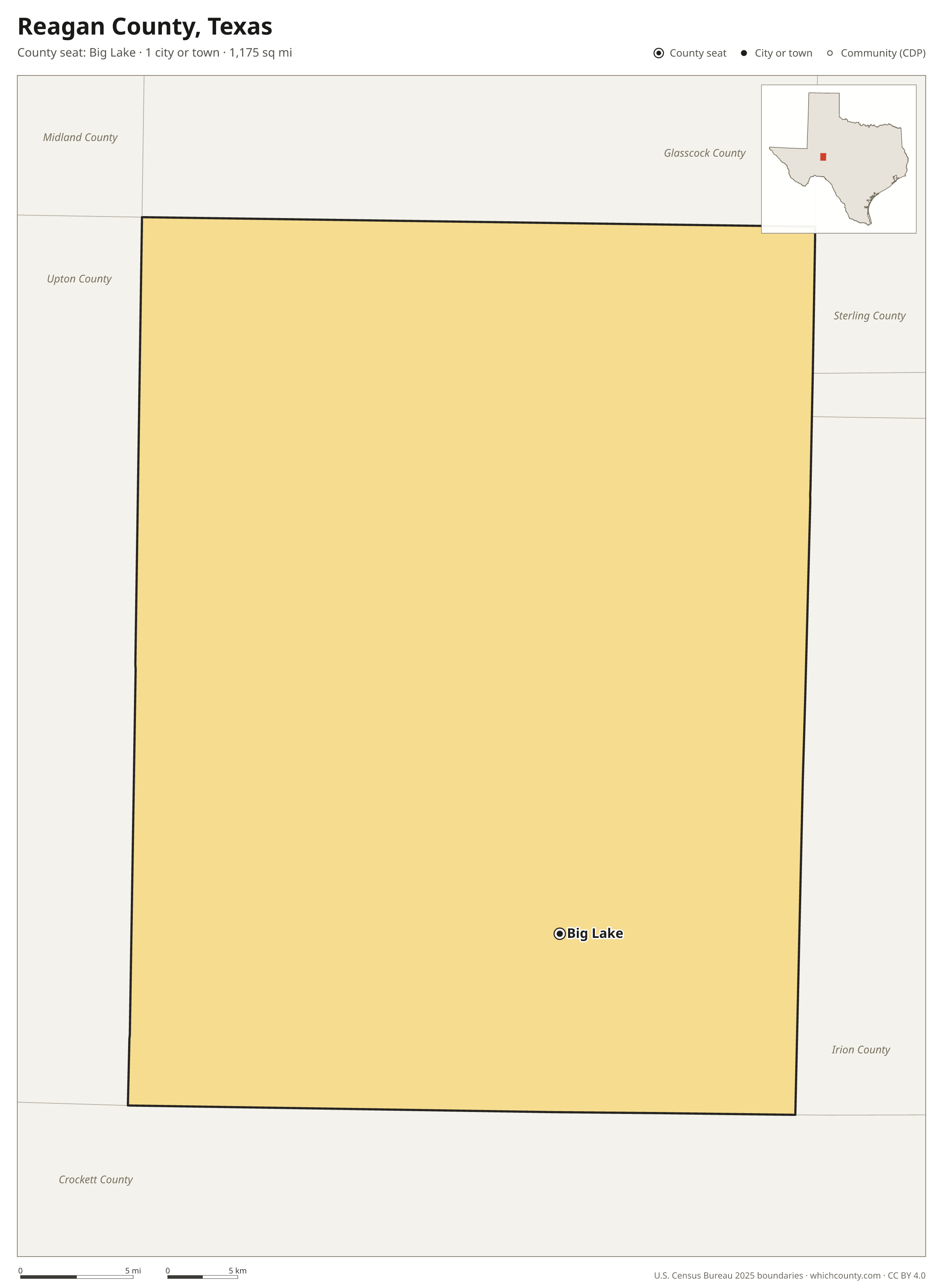 Map of Reagan County, Texas with cities, towns and the county boundary