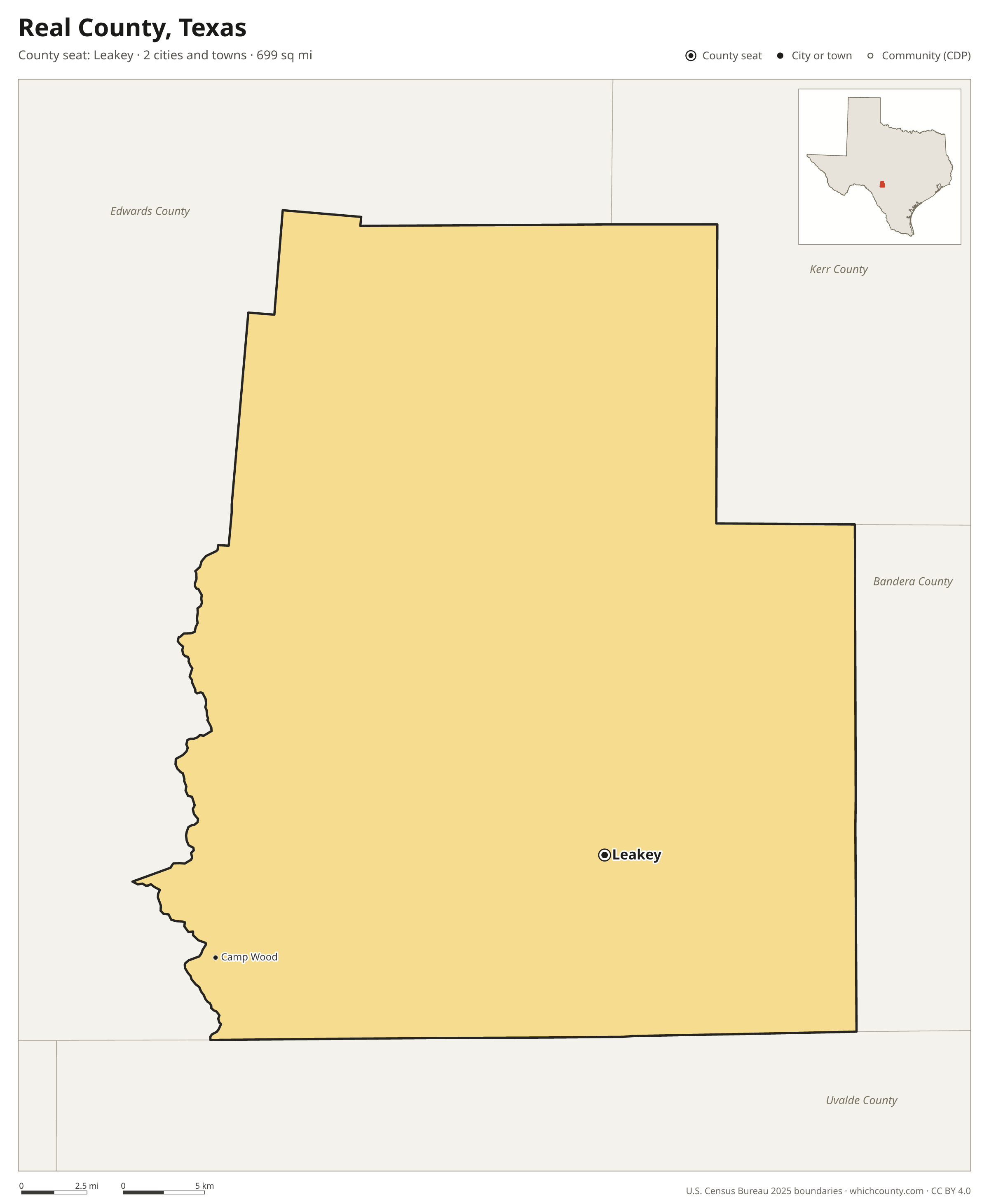 Map of Real County, Texas with cities, towns and the county boundary
