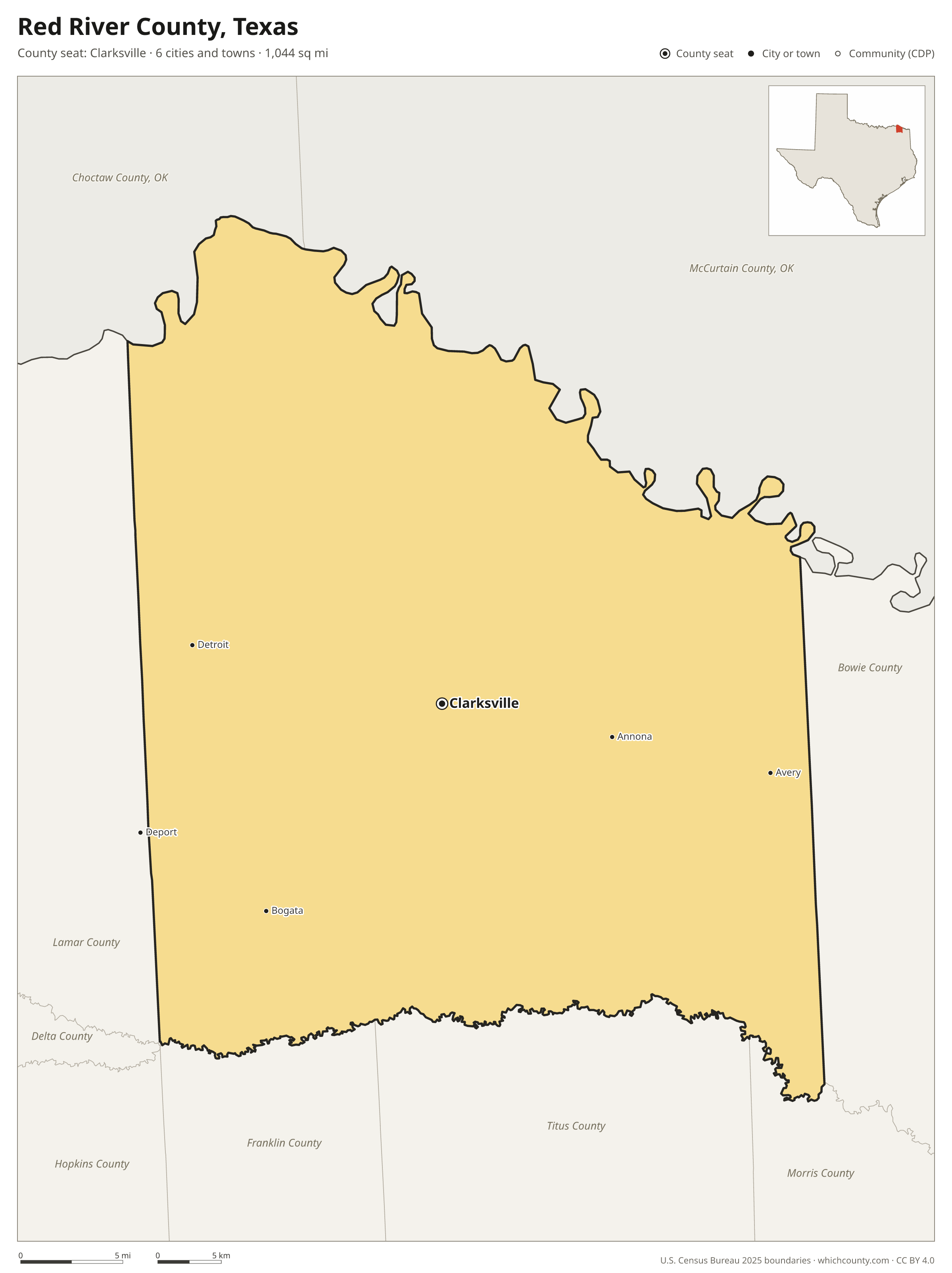 Map of Red River County, Texas with cities, towns and the county boundary