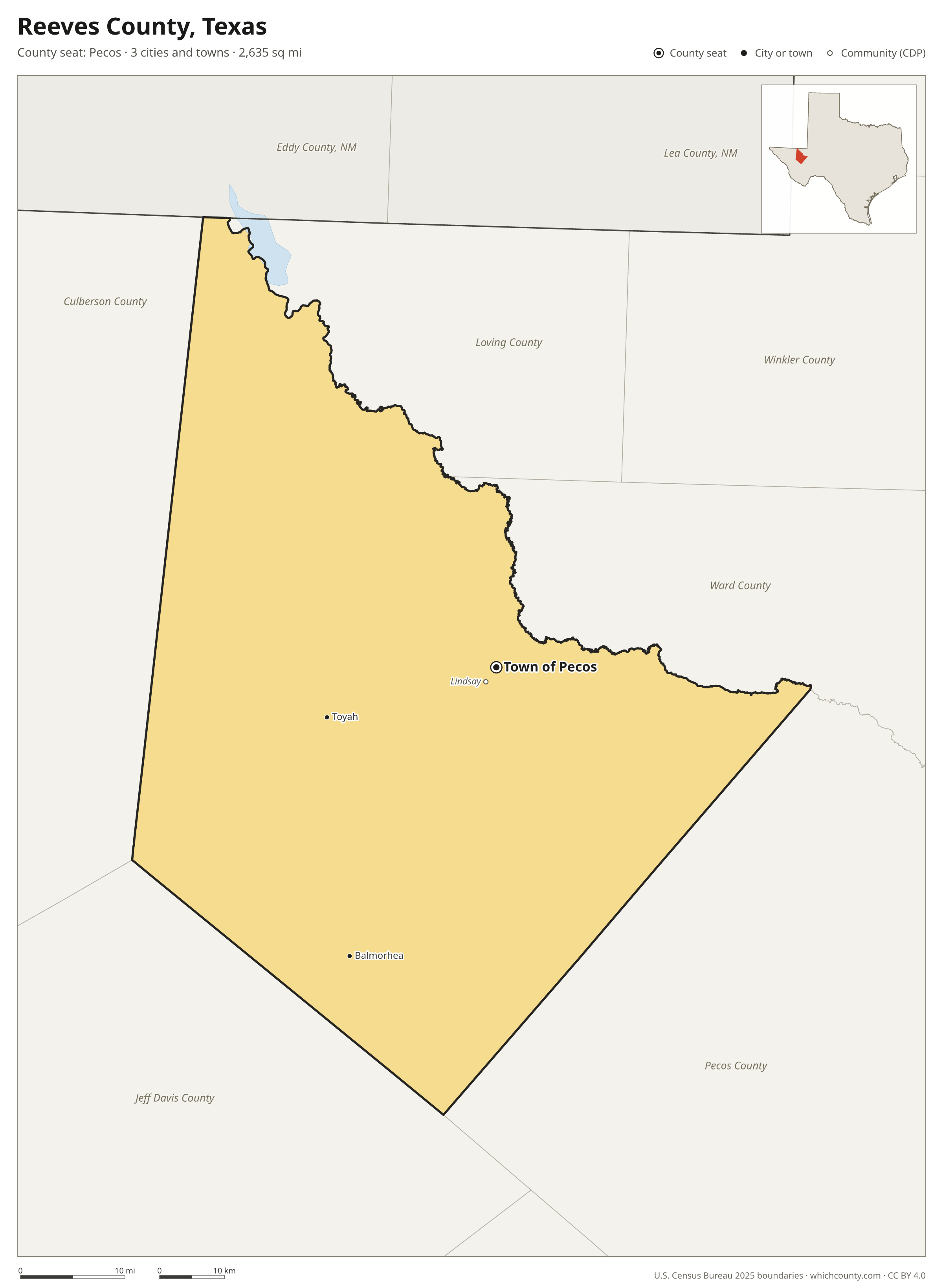 Map of Reeves County, Texas with cities, towns and the county boundary