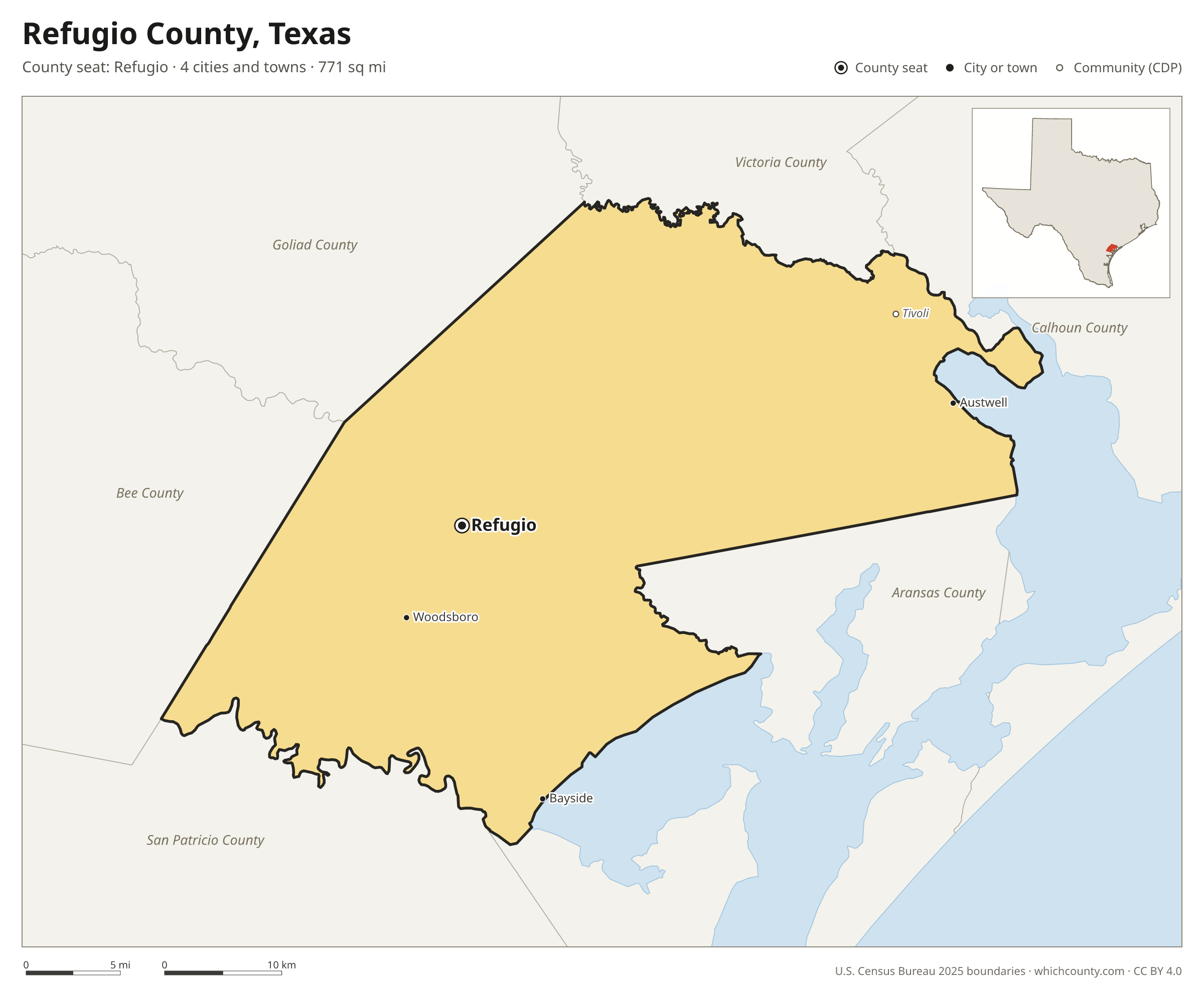 Map of Refugio County, Texas with cities, towns and the county boundary