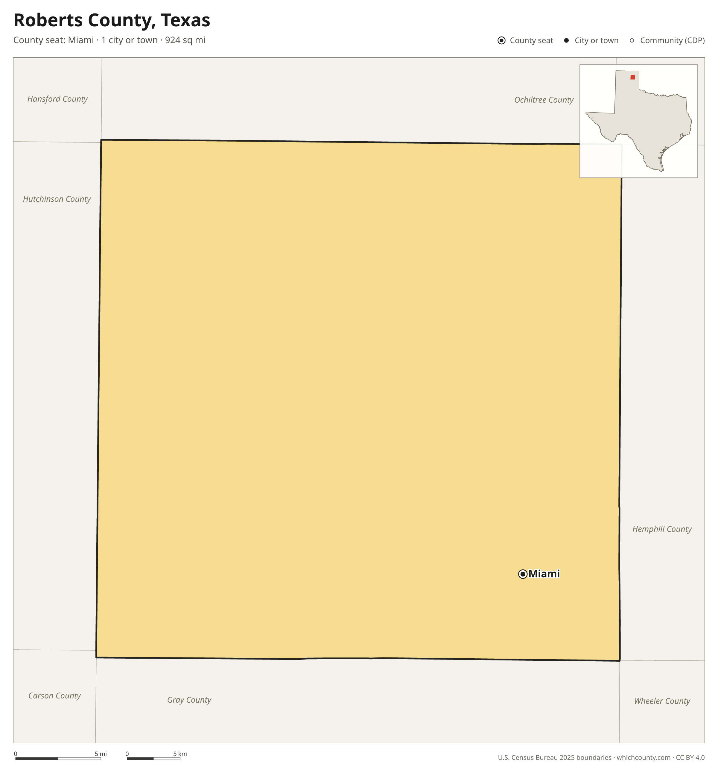 Map of Roberts County, Texas with cities, towns and the county boundary