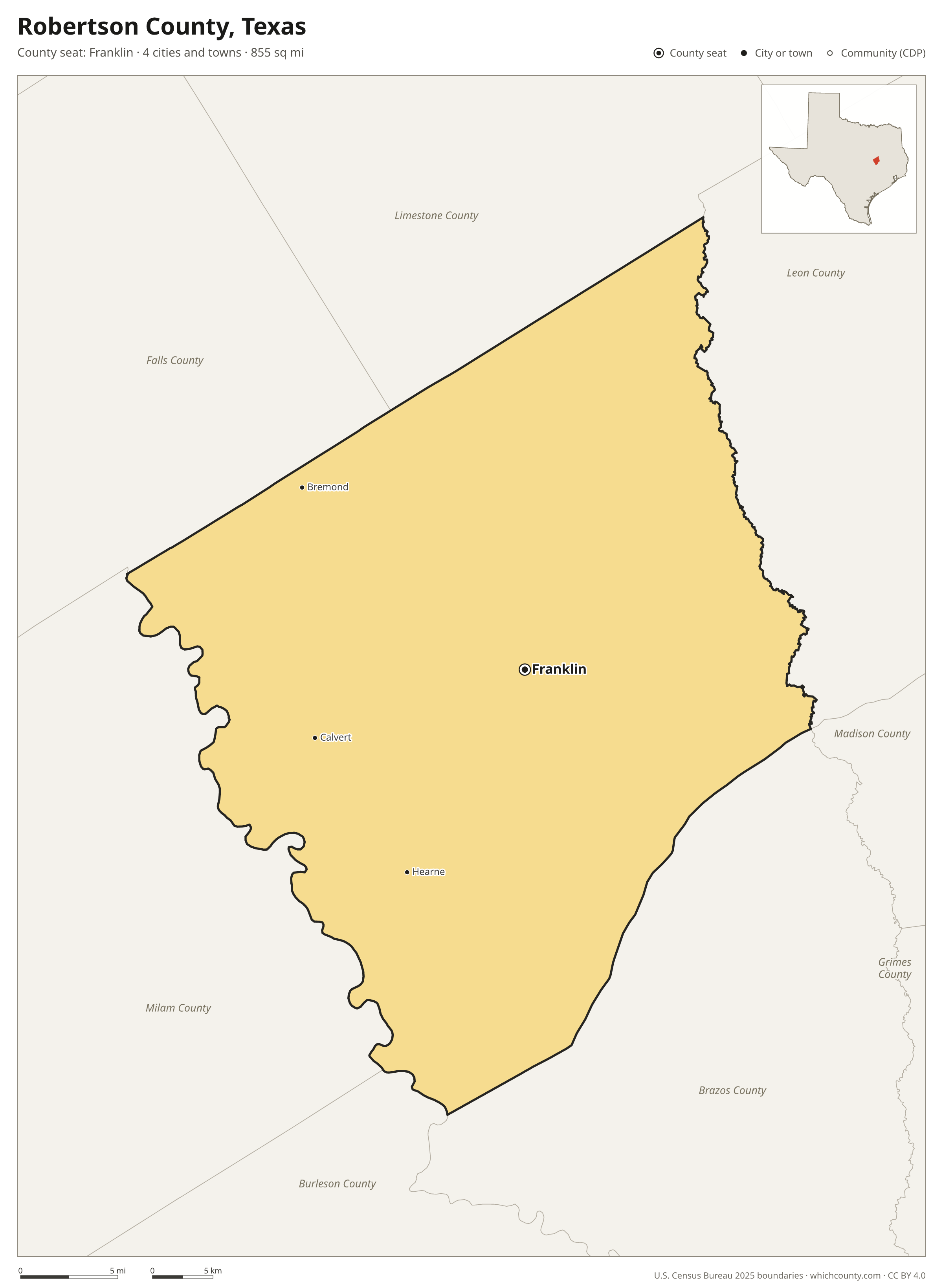 Map of Robertson County, Texas with cities, towns and the county boundary