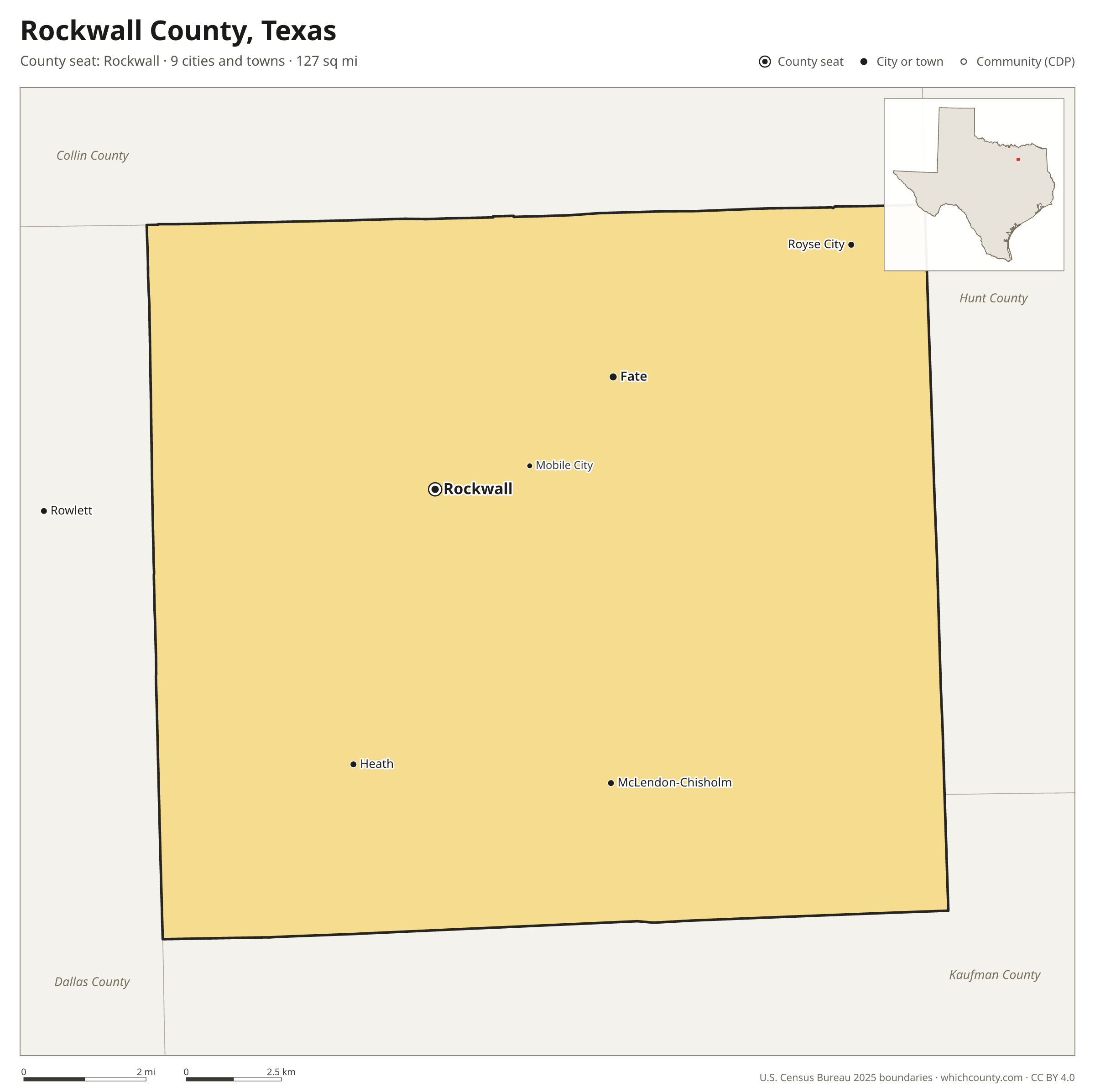 Map of Rockwall County, Texas with cities, towns and the county boundary