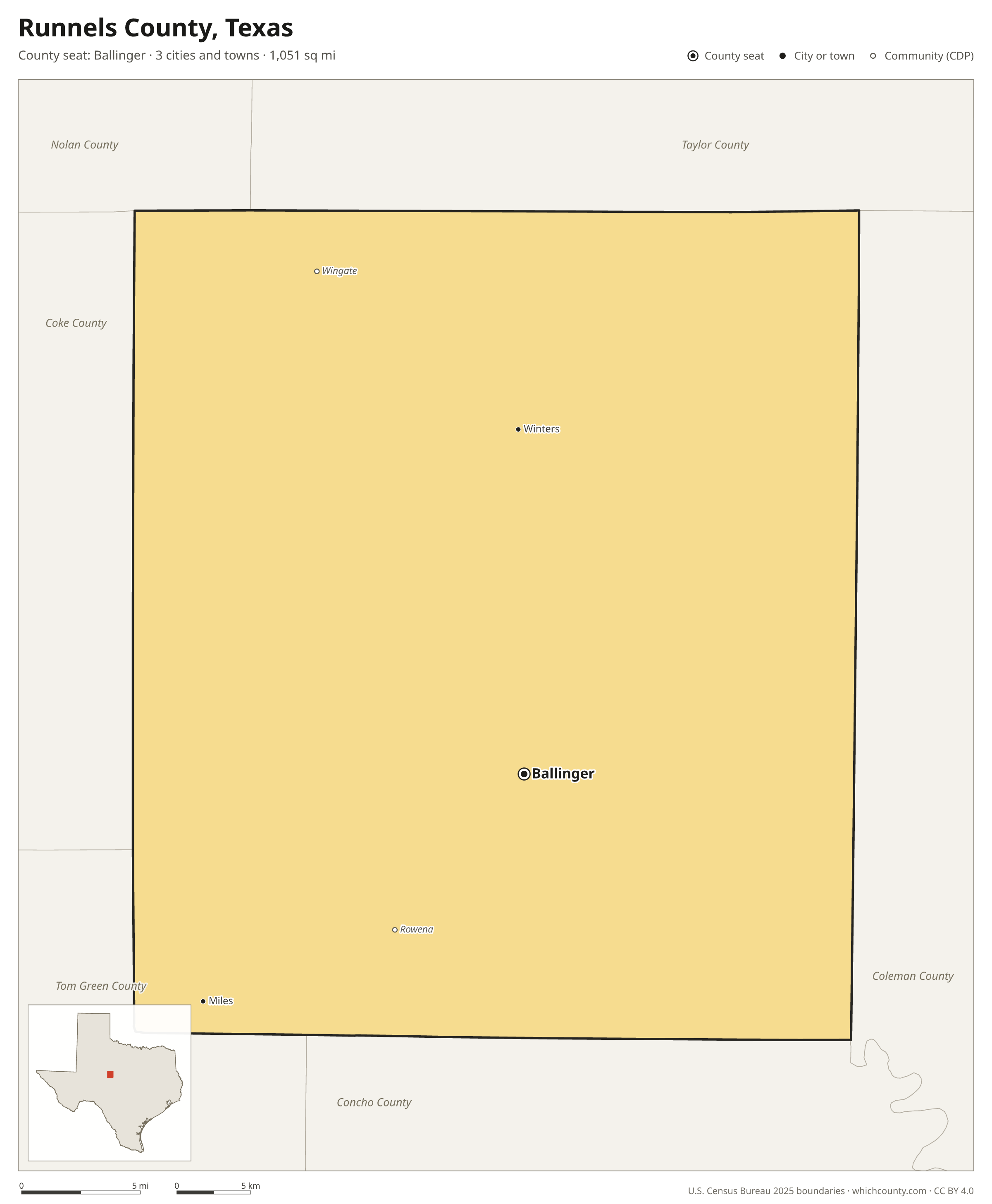 Map of Runnels County, Texas with cities, towns and the county boundary