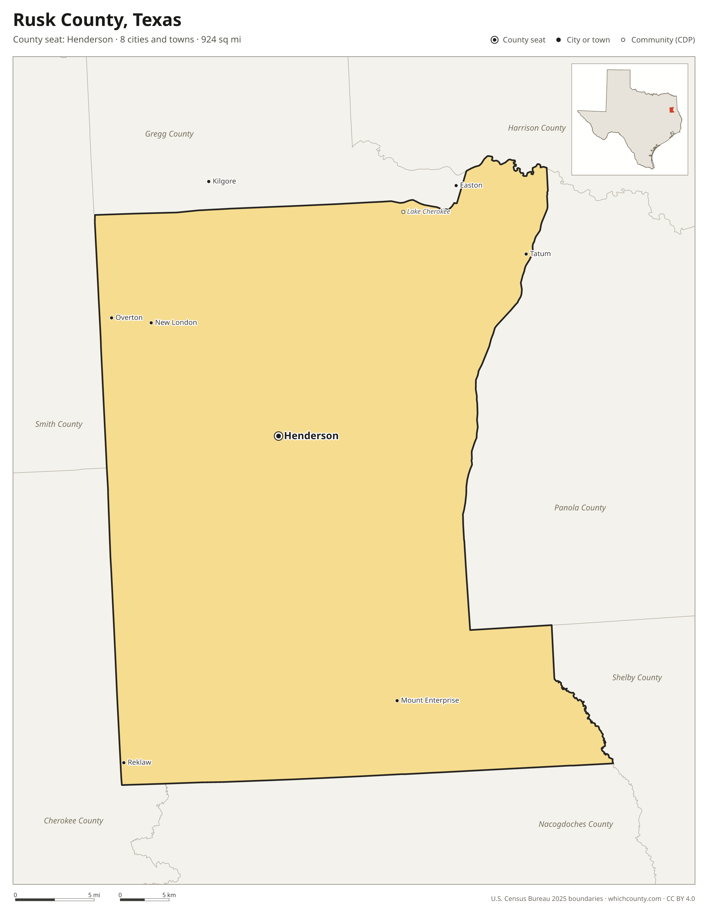 Map of Rusk County, Texas with cities, towns and the county boundary