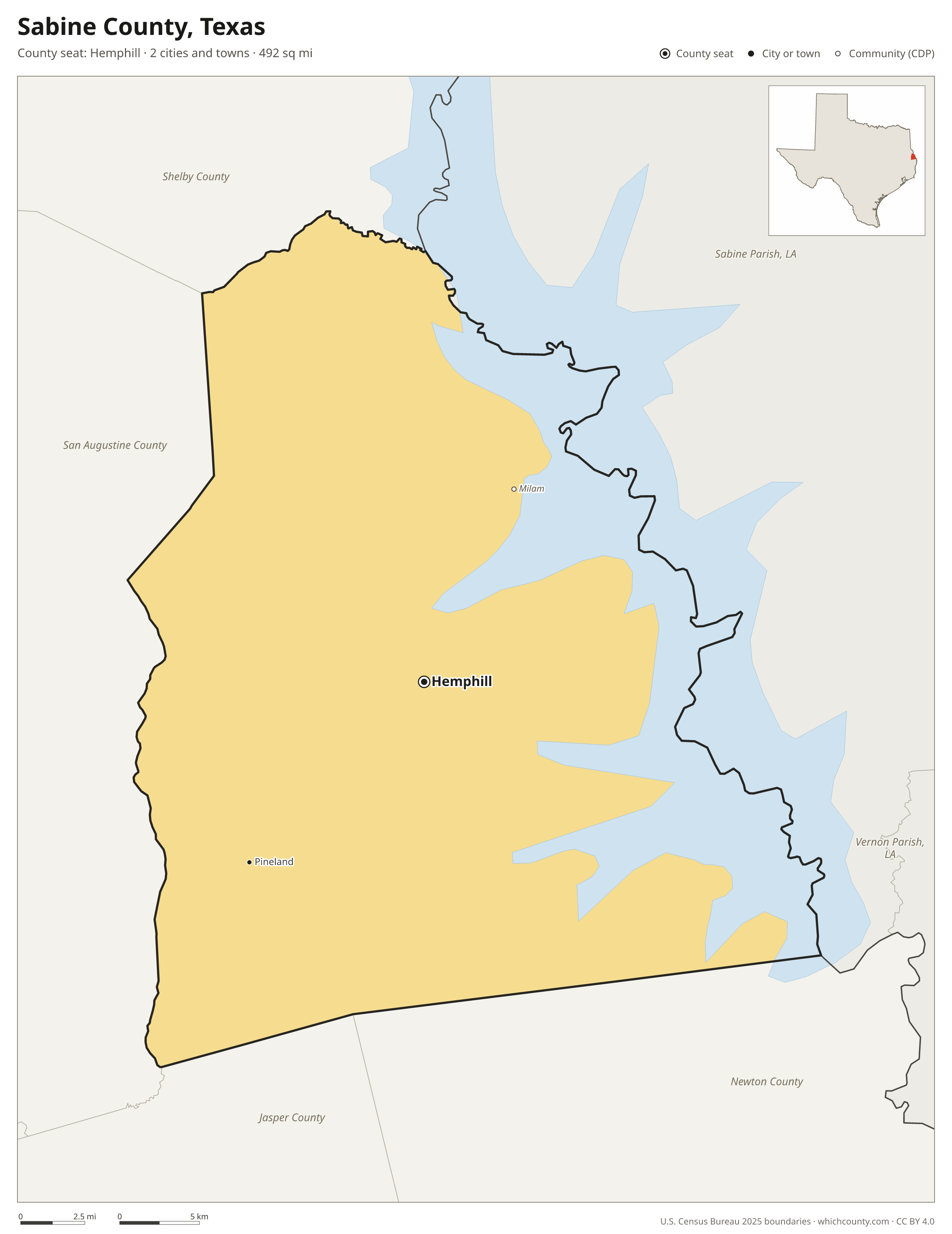 Map of Sabine County, Texas with cities, towns and the county boundary