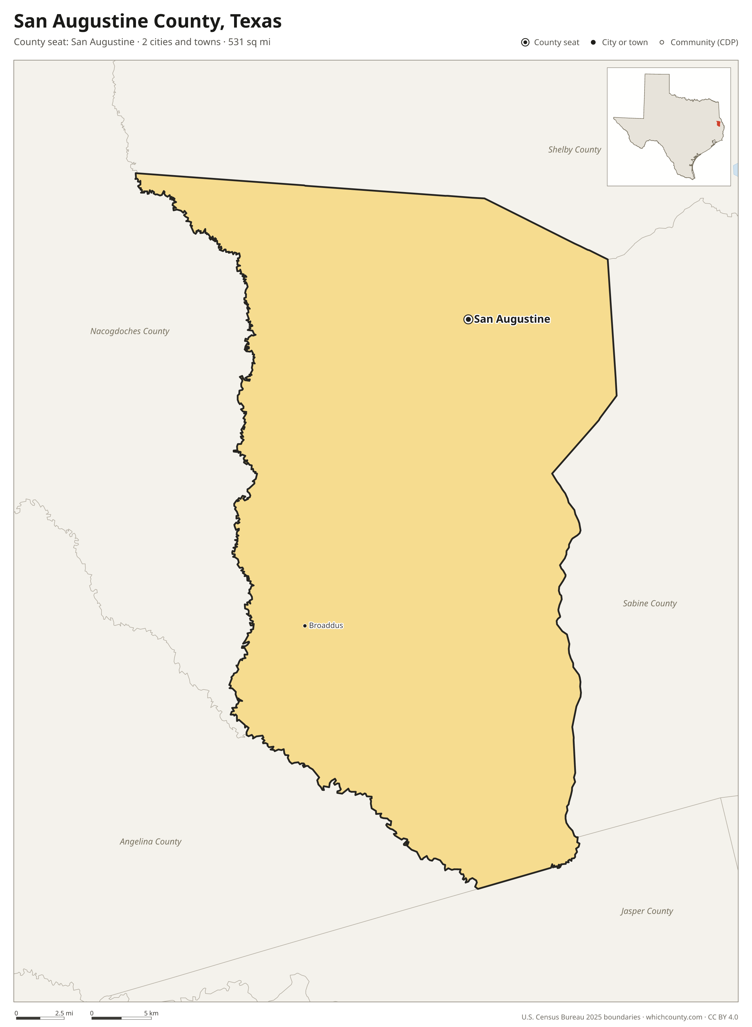 Map of San Augustine County, Texas with cities, towns and the county boundary