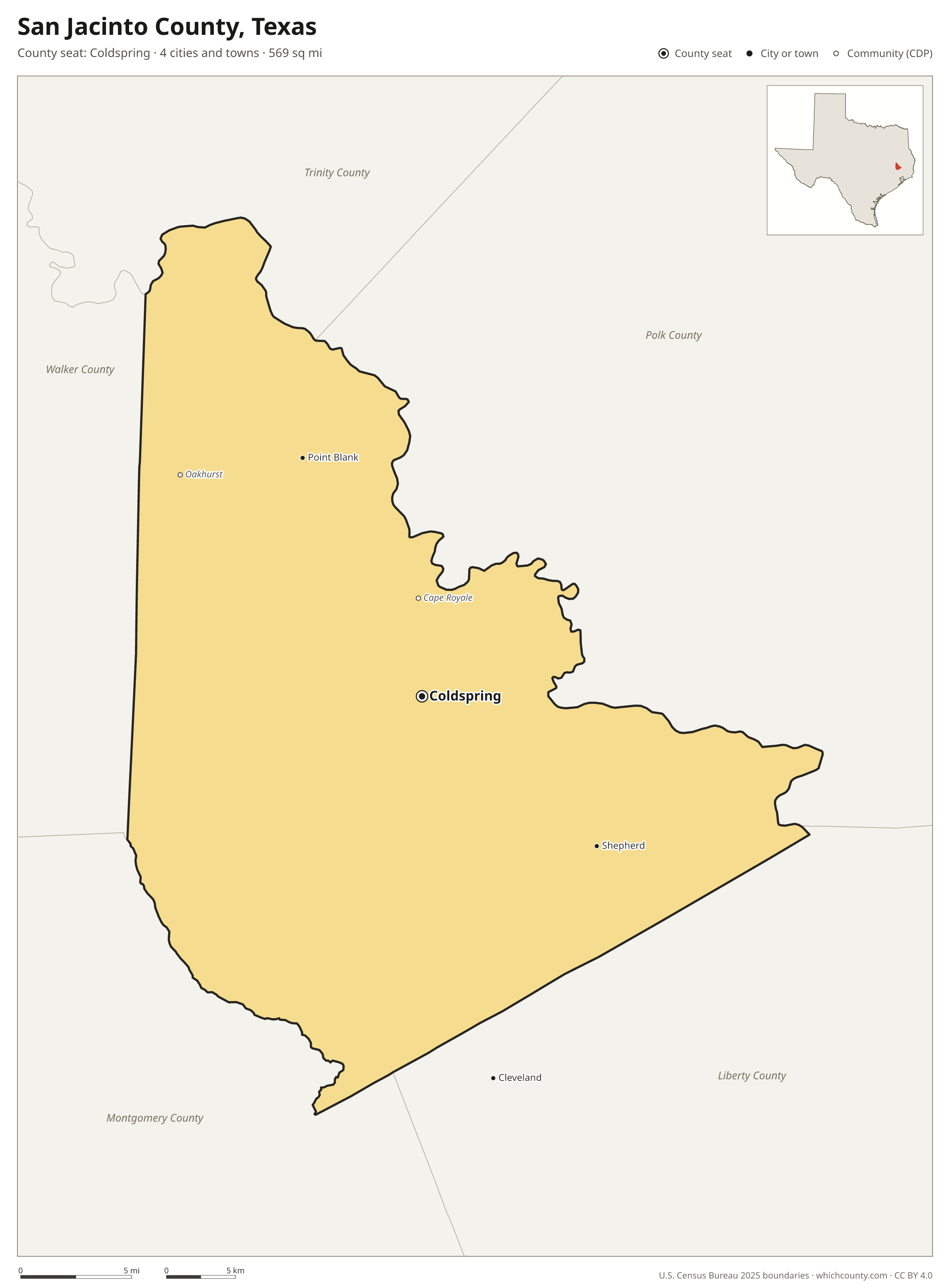 Map of San Jacinto County, Texas with cities, towns and the county boundary