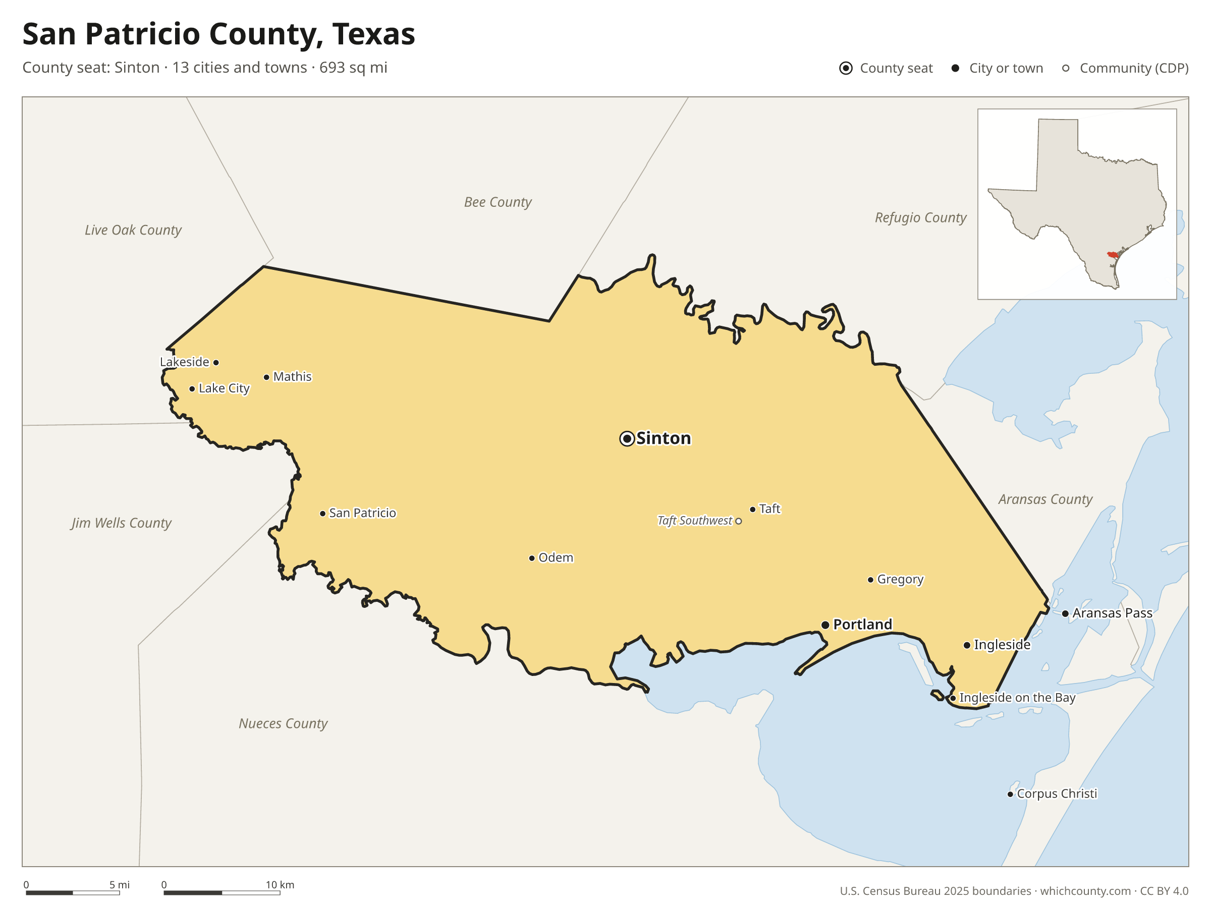 Map of San Patricio County, Texas with cities, towns and the county boundary