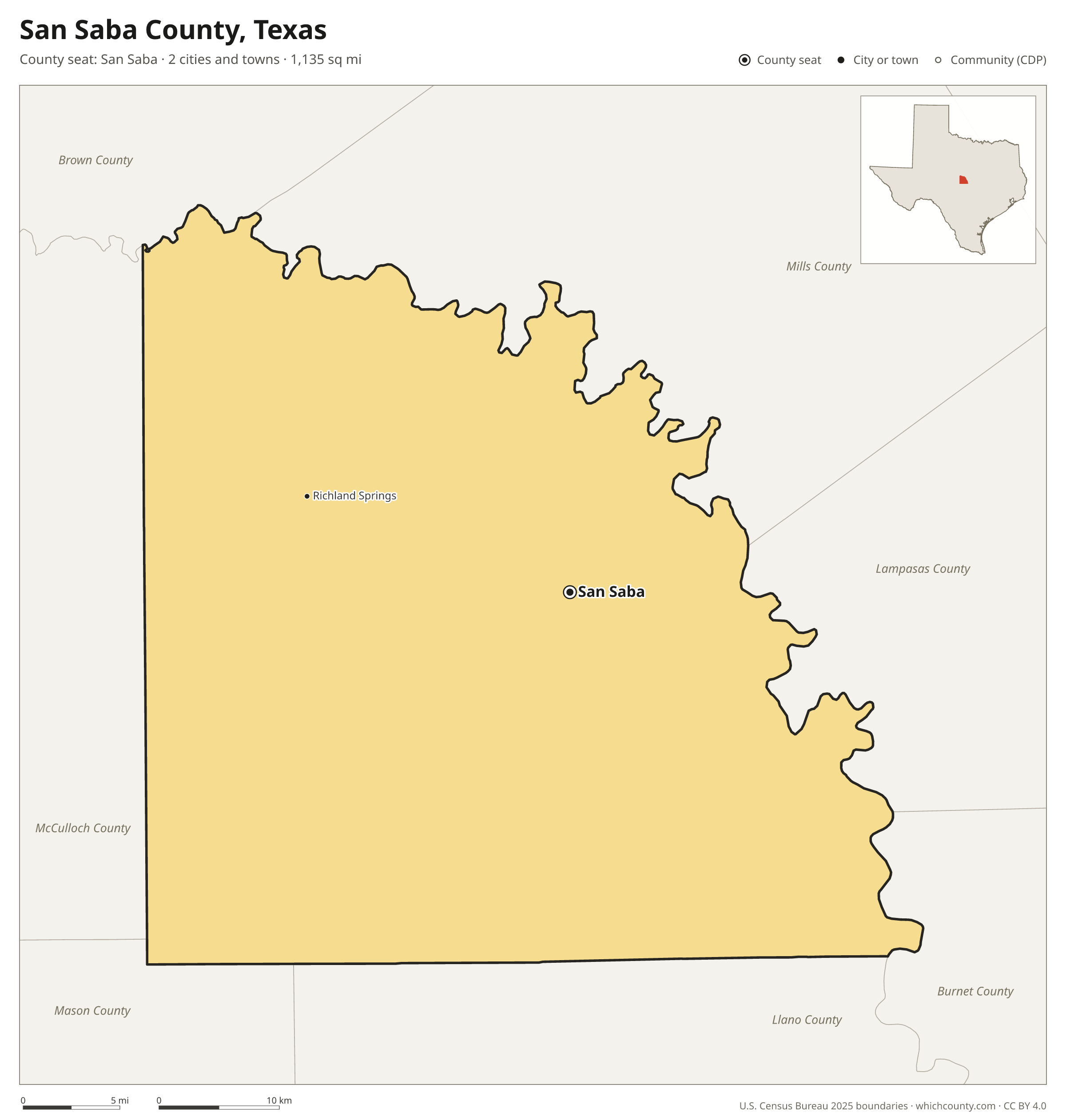 Map of San Saba County, Texas with cities, towns and the county boundary