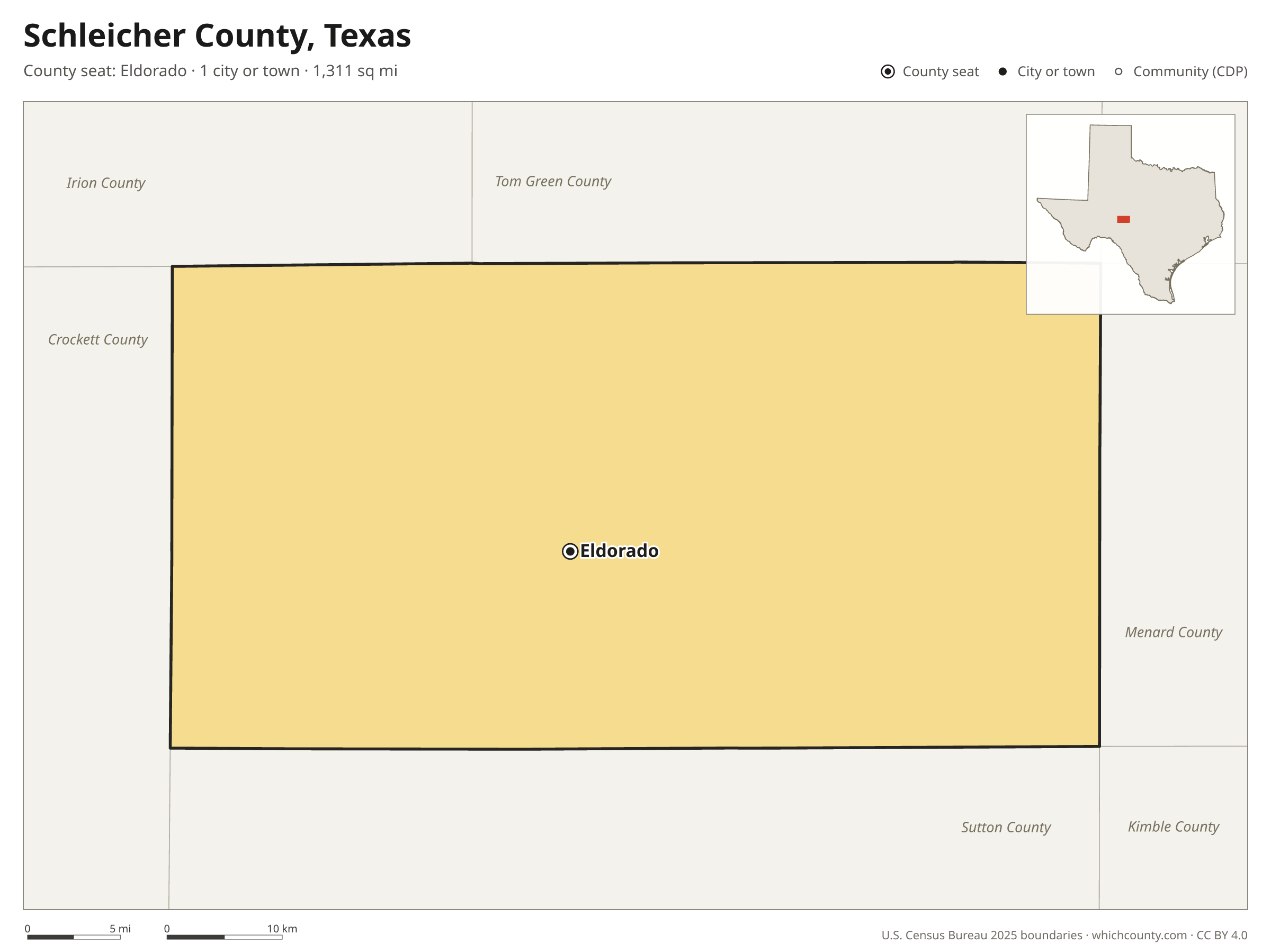 Map of Schleicher County, Texas with cities, towns and the county boundary