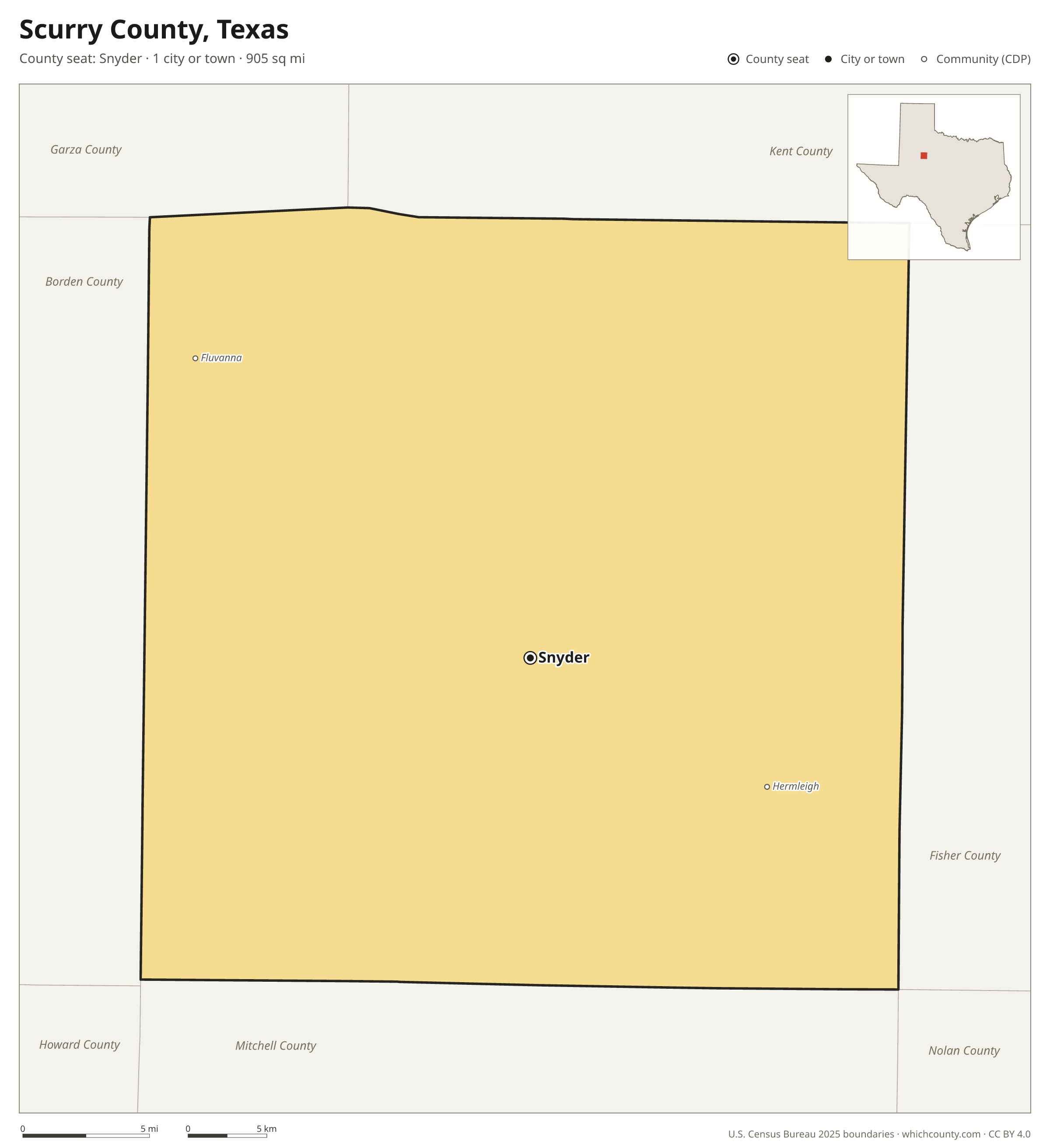 Map of Scurry County, Texas with cities, towns and the county boundary