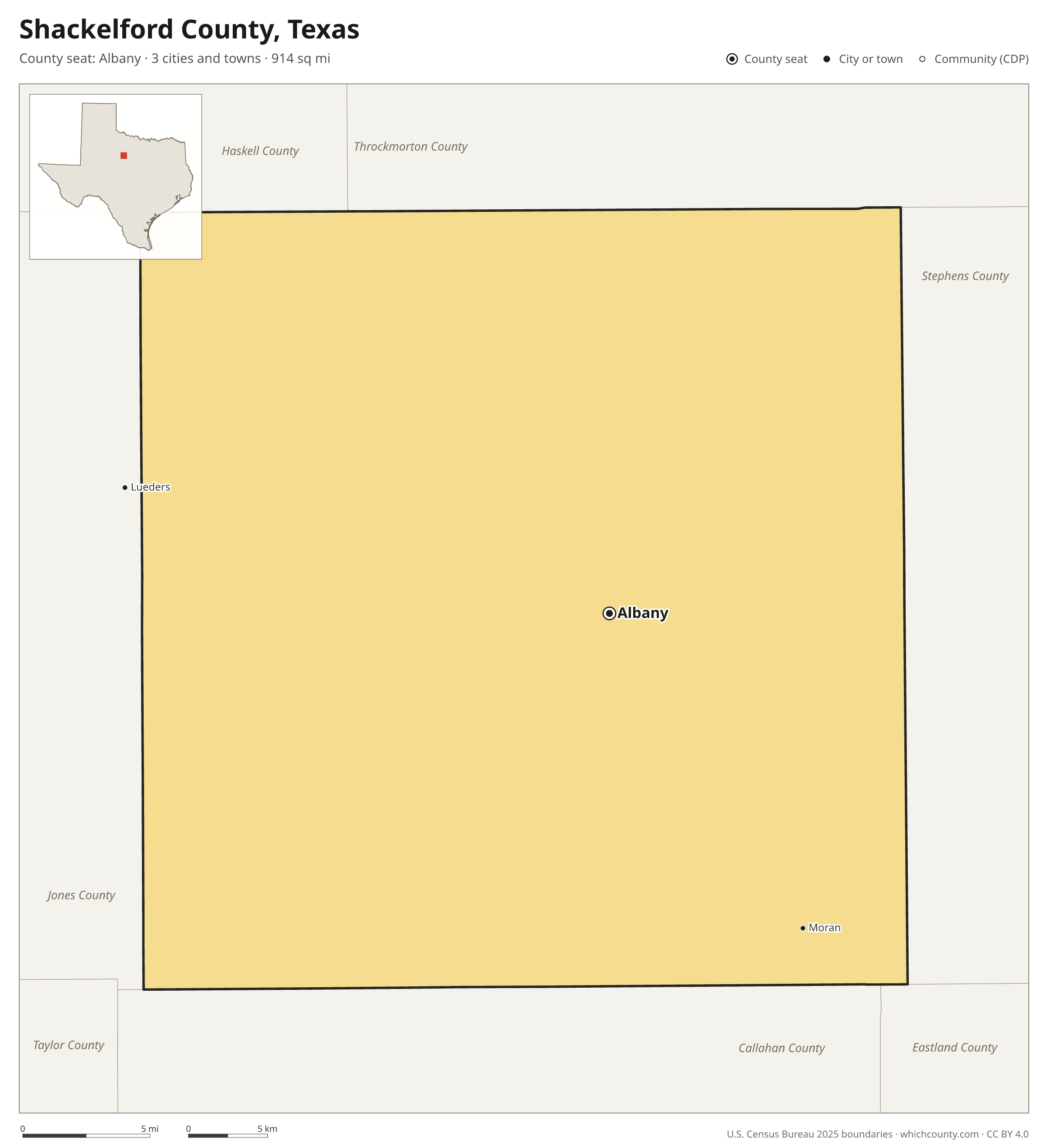 Map of Shackelford County, Texas with cities, towns and the county boundary