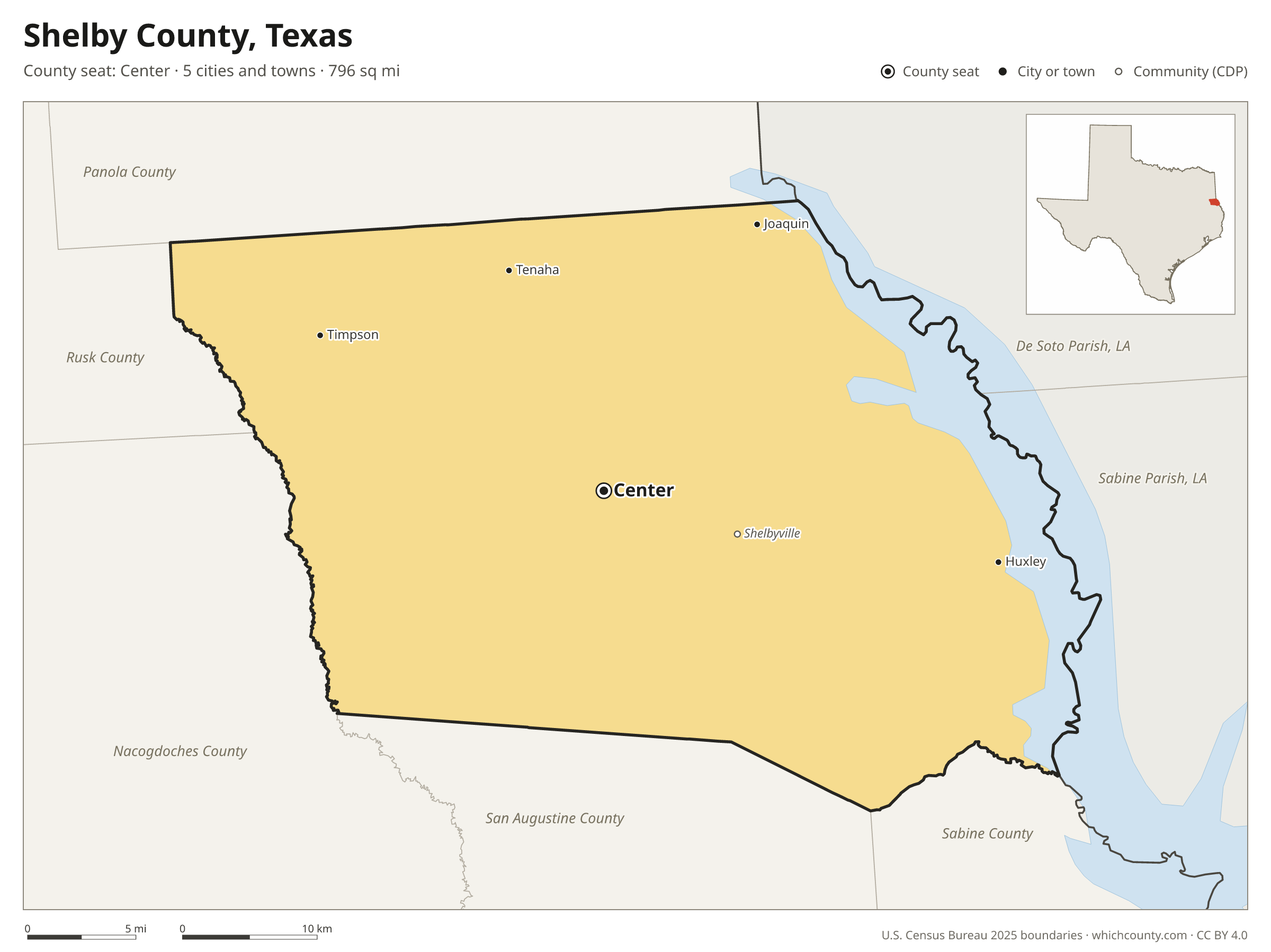 Map of Shelby County, Texas with cities, towns and the county boundary